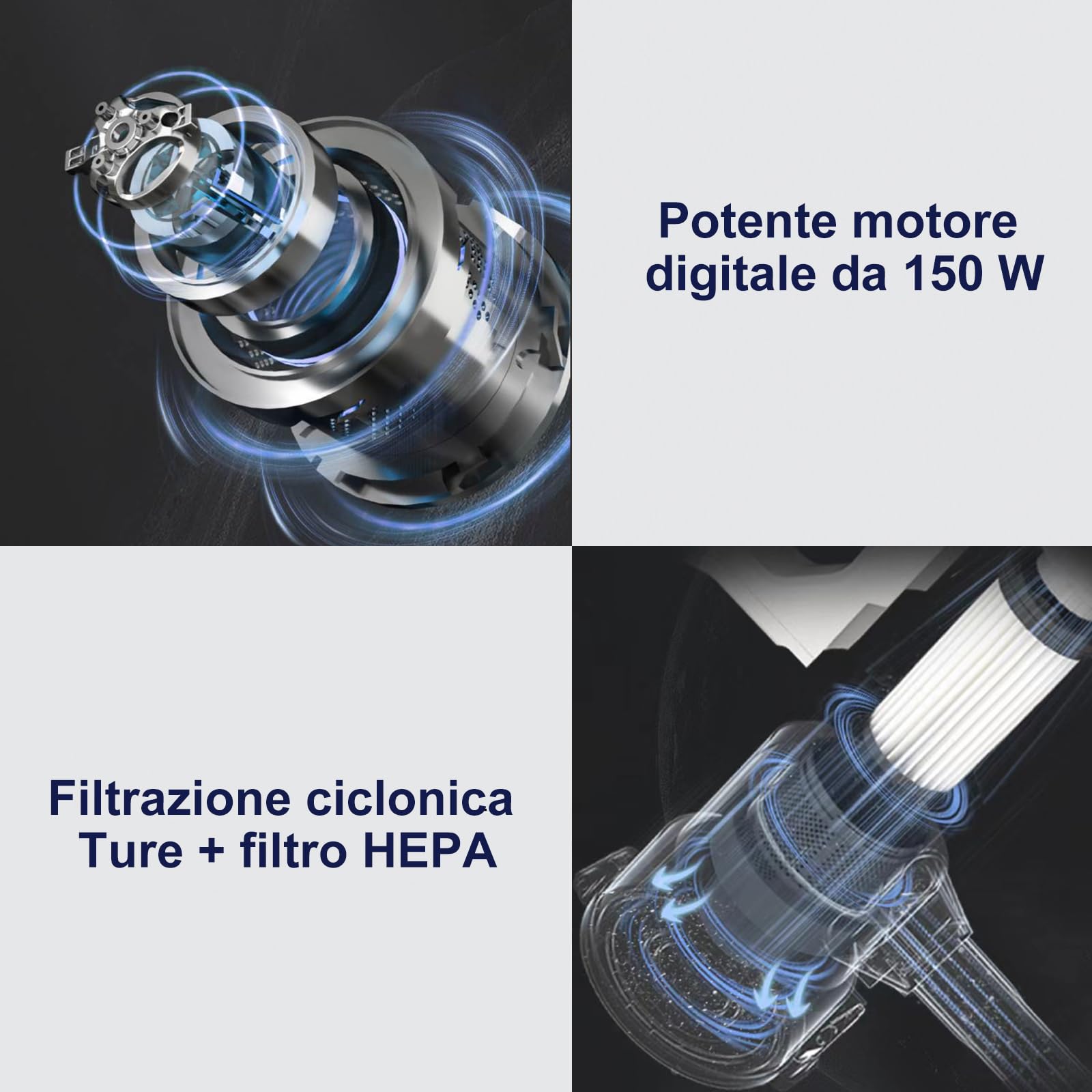 Akitas V8 Aspirapolvere Senza Fili 3 in 1, Leggero 22.2V 150W con Batteria al Litio Ricaricabile, Scopa Elettrica Senza Sacco Antiacari, Ideale per Pavimenti, Tappeti e Peli di Animali