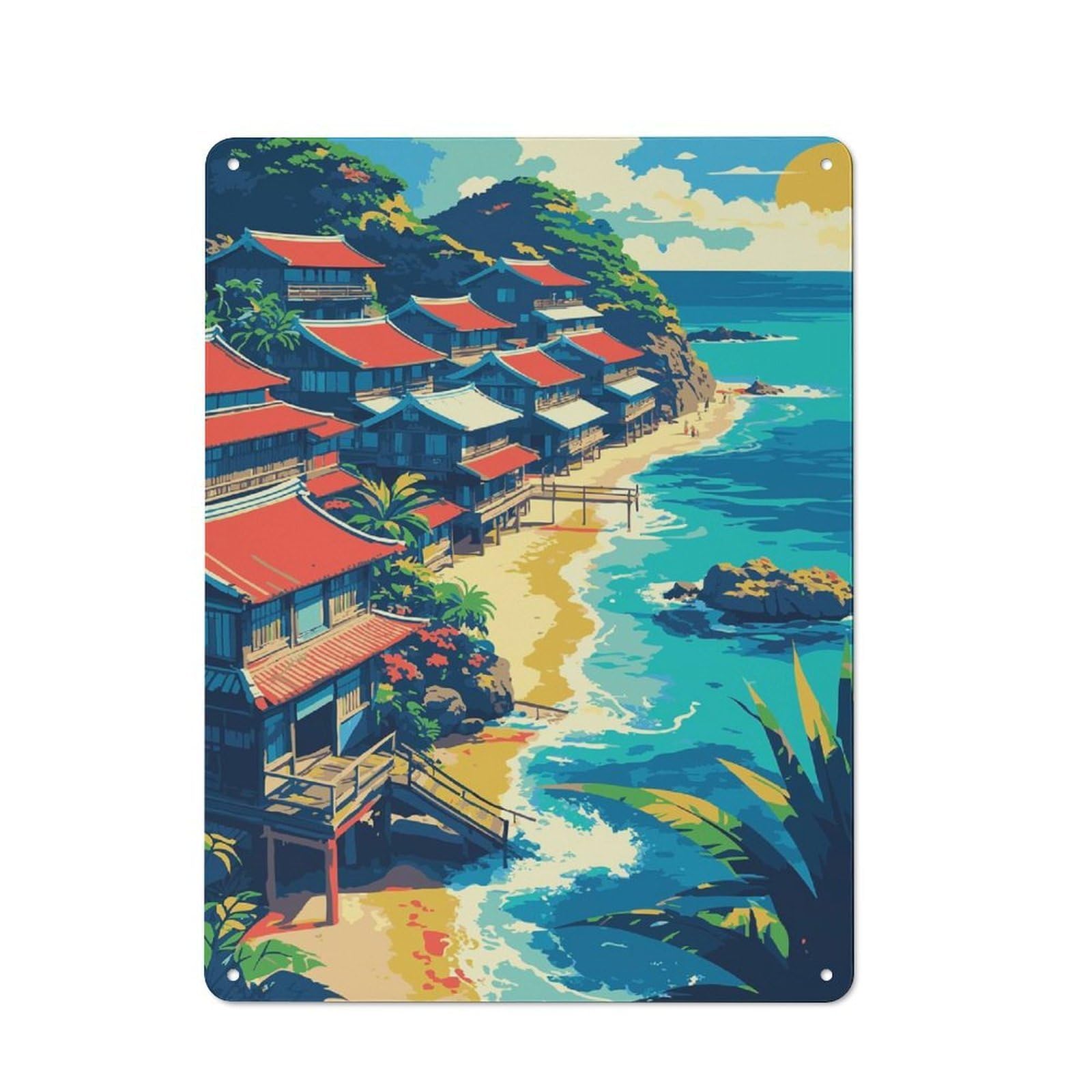 Junmoney Style-2 Tin Wall Plaque 40X30cm With Coastal Village With Red-Roofed Houses For Home Bar Wall, New-Space Wall Decor For Hosts Who Enjoy Retro Interiors