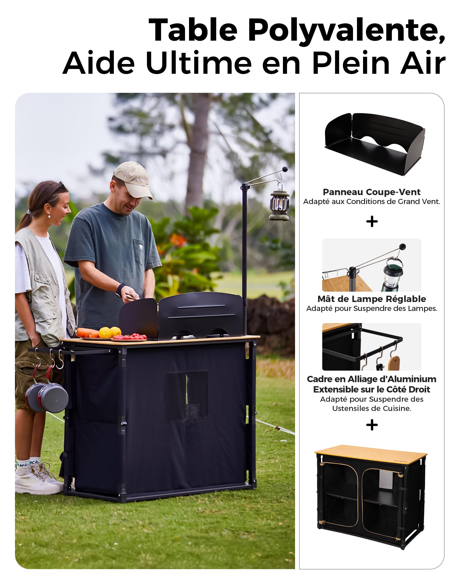 KingCamp Cuisine de Camping Pliable et Portable Meuble Cuisine Outdoor en Bambou/Aluminium avec Rangement, Paravent et Support Lampe, Évier Intégré, Idéal pour Vanlife, Camping, Pique-Nique et BBQ