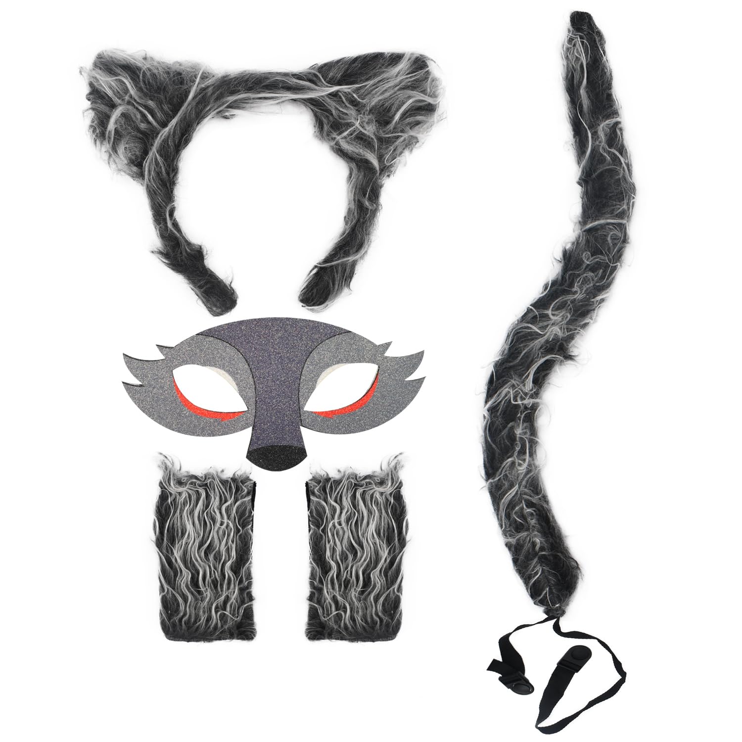 HODRME 5 Pieces Wolf Ears and Tail Set-Grey Wolf Headband with Mask Tail Paw Gloves Cosplay Party Halloween Costume Accessories for Kids and Adults