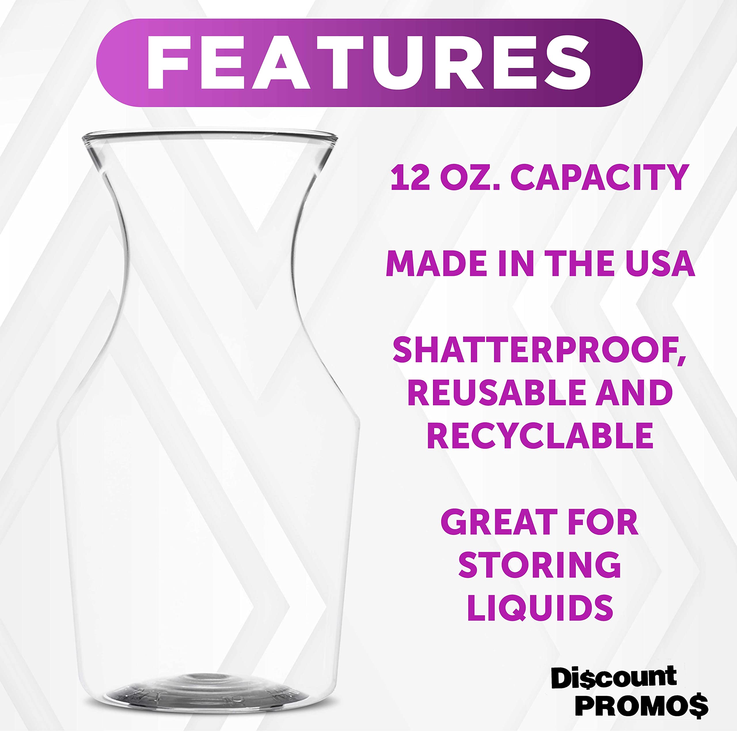 Reserve Plastic Disposable Wine Carafe with Lid 12 oz. Set of 10, Bulk Pack - Perfect for Wine, Water, Juices and Other Beverages - Clear