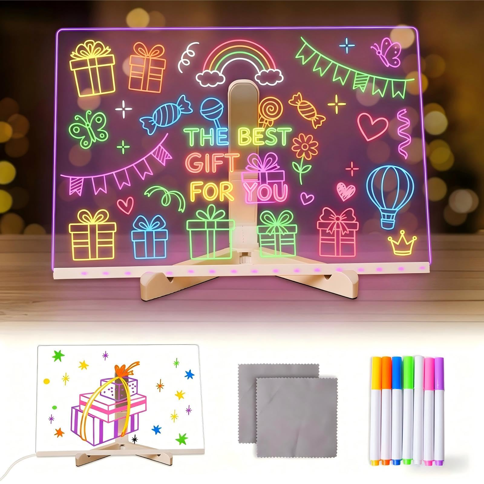 Lustaled Tablero de dibujo LED, tablero acrílico con luz LED para garabatos con bolígrafo de 7 colores, 30 x 20 cm con soporte, tablero mágico de mensajes de escritura LED para niños, tablero de notas