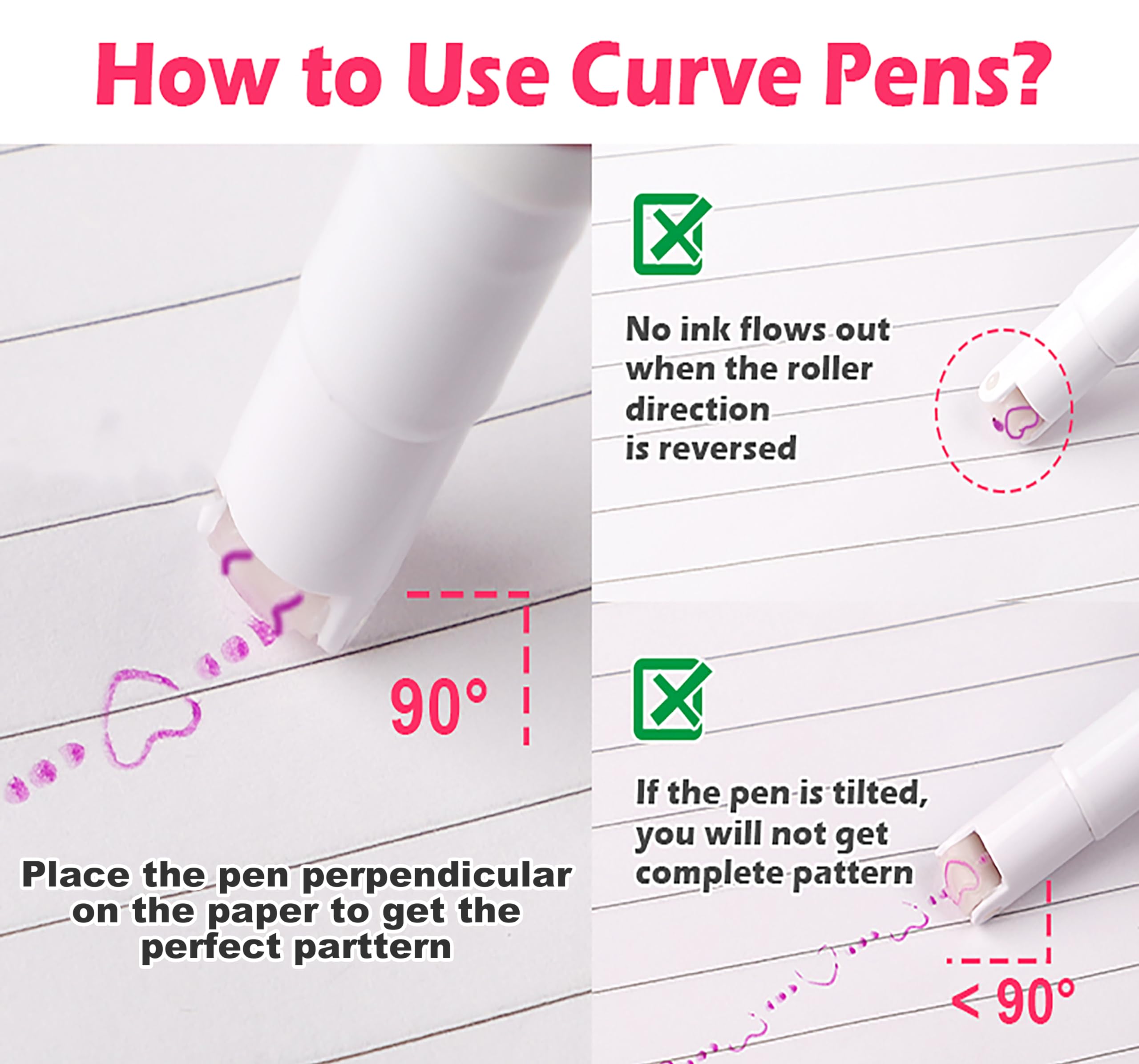 VGRASSP Linear Roller Curve Highlighter Pen Pack Of 6 Pens - Toy Set For Kids And Adults - Includes 6 Different Patterns and 6 Colors - Best For Decorating Scrapbook, Highlighting Text - Image 5 thumbnail