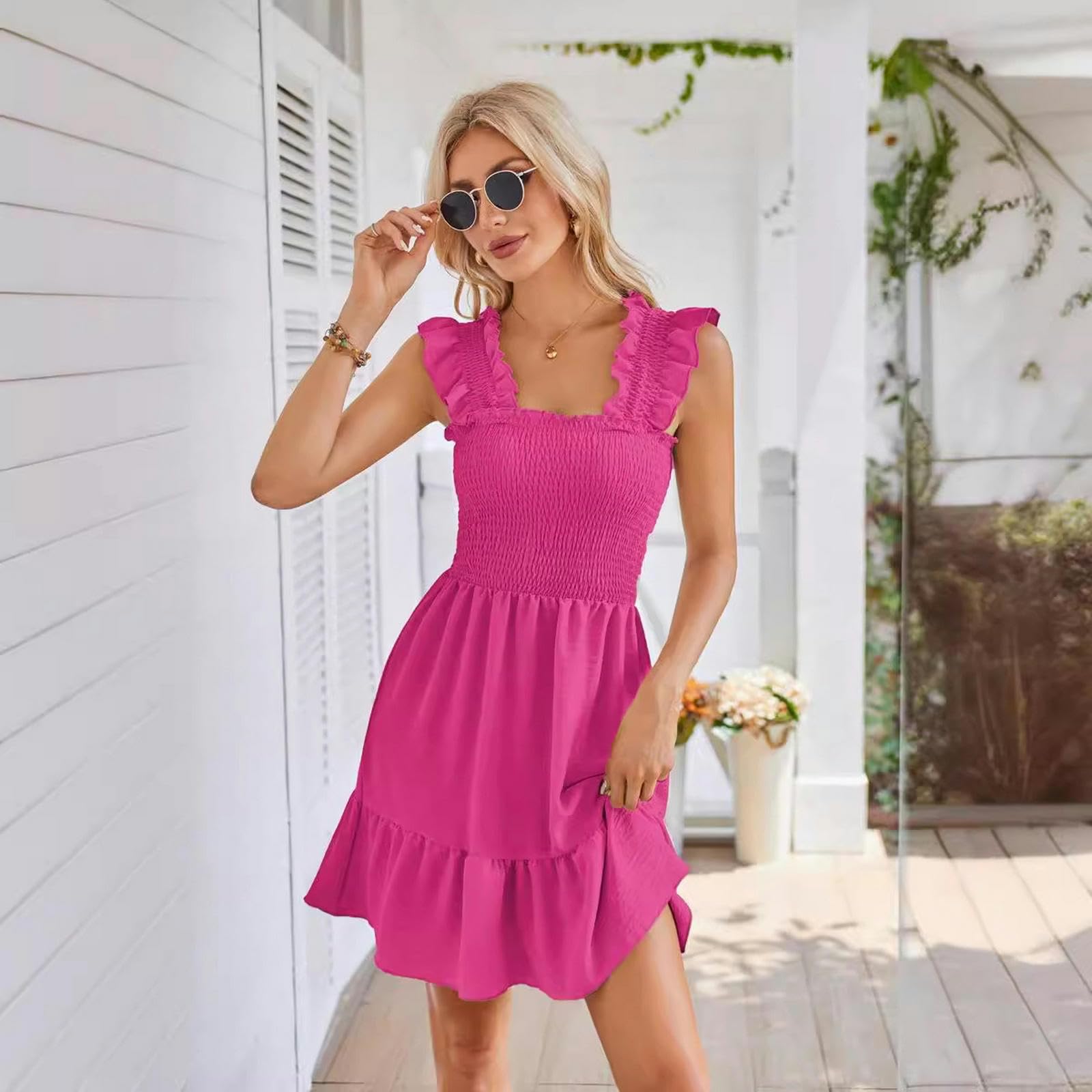 Vestido de Verano Vestido de Cuello Cuadrado de Verano Femenino Vestido de Cuello Cuadrado de Verano sin Mangas Casual Cintura Elástica Casual Mini Vestido Floral Corto, HUTALIM, Azul claro, s