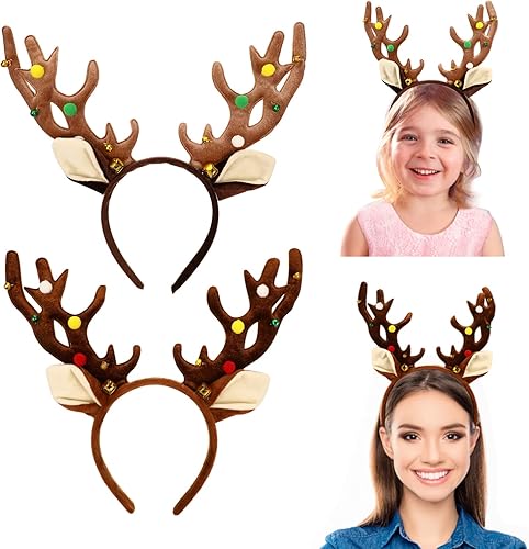 Amosfun 2 diademas de Navidad con cuernos de reno de Navidad, diadema de cuernos de ciervo, diadema de orejas de reno de Navidad para accesorios de