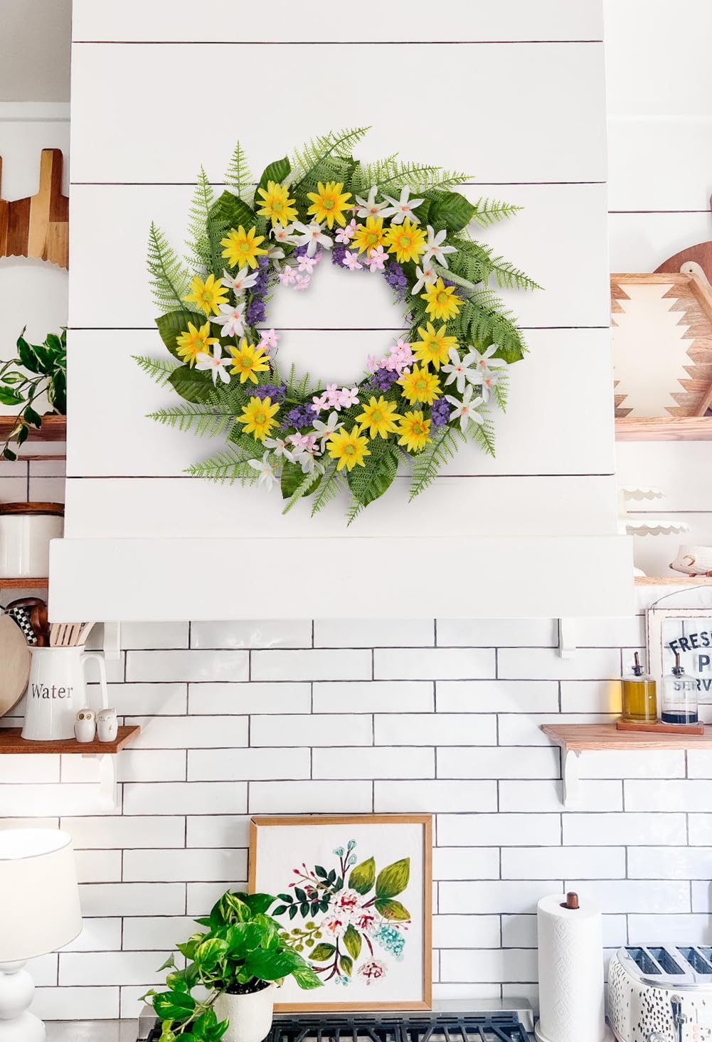 Couronne de fleurs artificielles - 51 cm - Jaune - Chrysanthème indien - Couronne de porte artificielle pour porte d'entrée, fenêtre, mur, jardin, décoration de mariage