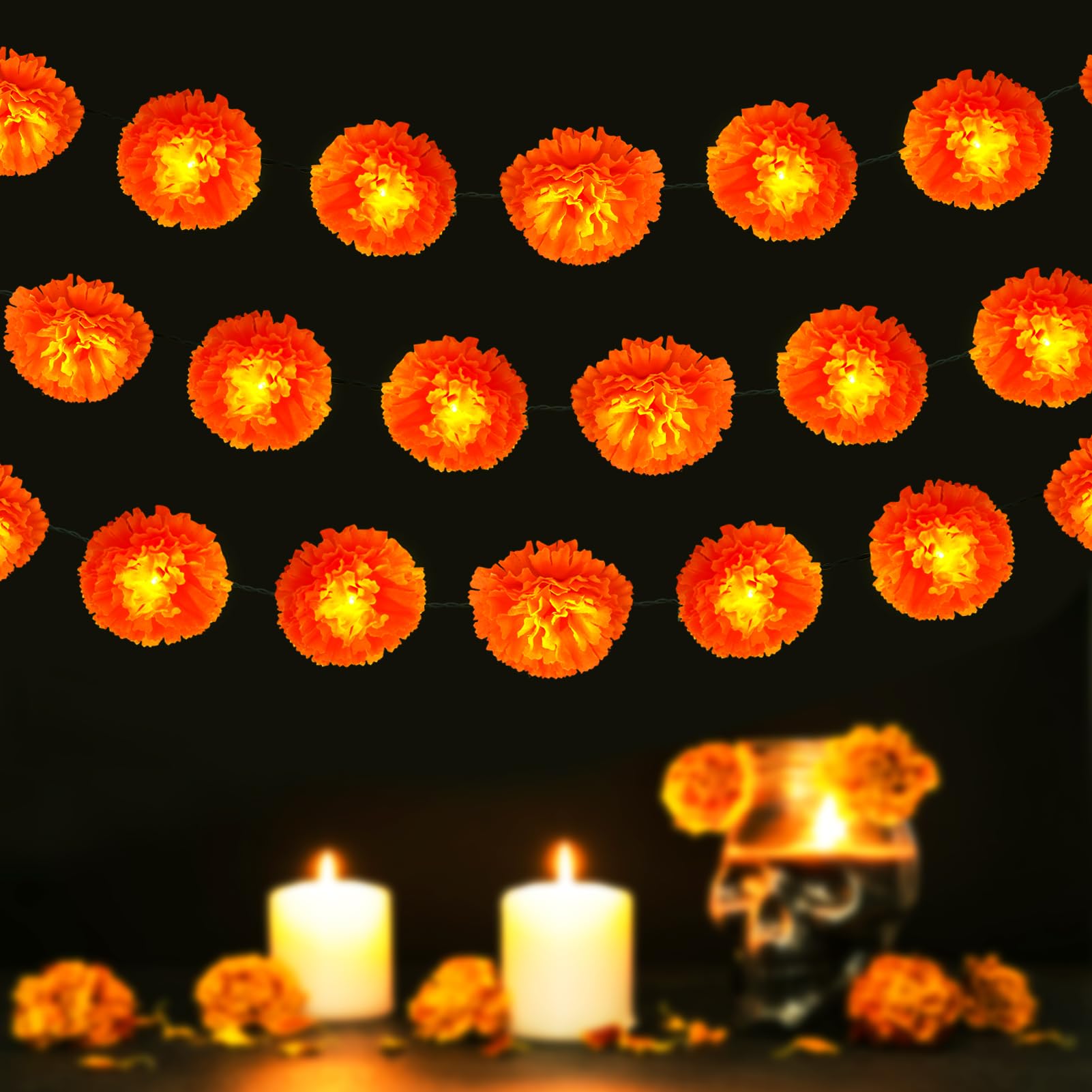Solar Marigold Garland Lights Dia de los Muertos Decorations Outdoor Flower