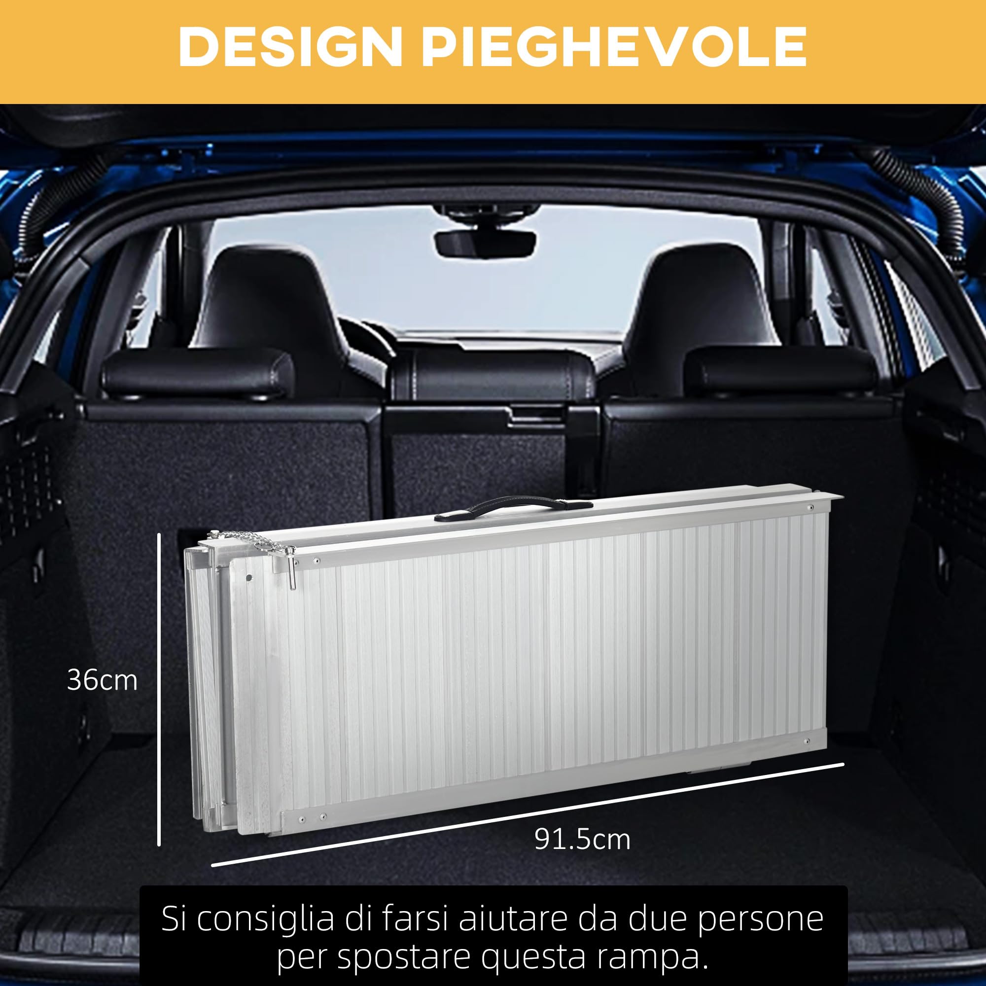HOMCOM Rampa per Sedia a Rotelle e Scooter per Disabili Pieghevole, Lega di Alluminio Antiscivolo Capacità 272 kg, 183x72x5 cm, Argento