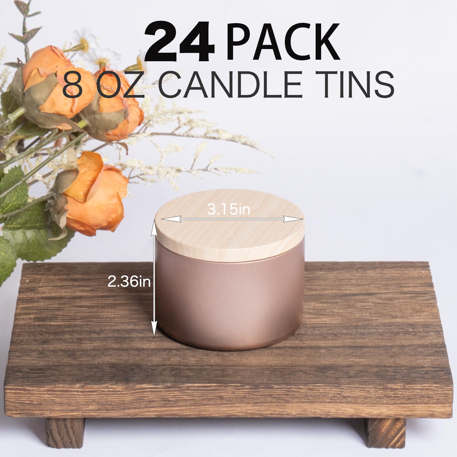 24-Pack 8oz Cylinder Candle Tins with Wood-grain Lids Multi-Purpose Containers for Storage,Aromatherapy Candle Making, Small Plants, Holiday Gifts & Arts & Crafts (Rose Gold)