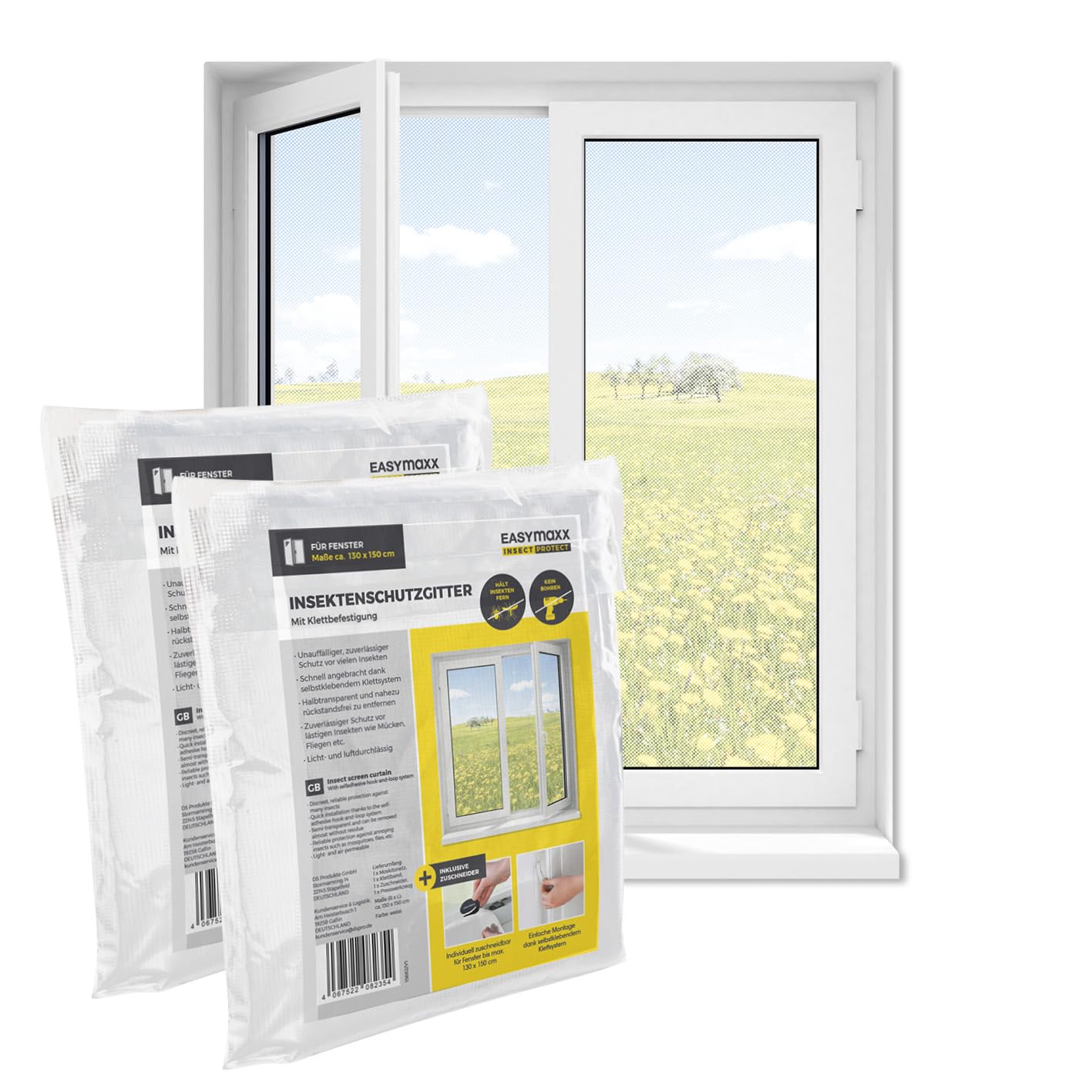 EASYmaxx Fliegengitter Fenster | Moskitonetz, Montage ohne Bohren | zuschneidbarer Insektenschutz Fenster bis 130 x 150 cm | Mückenschutz | Fliegennetz Klettband selbstklebend [2 Stück]