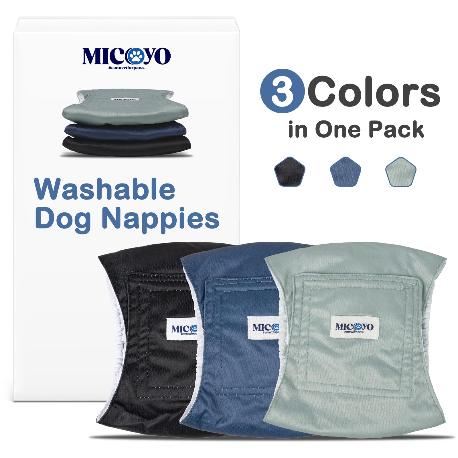 MICOOYO Pannolini lavabili per cani maschi, pannolini assorbenti per cani con chiusura a strappo regolabile, pannolini riutilizzabili per cani, confezione da 3, XLL