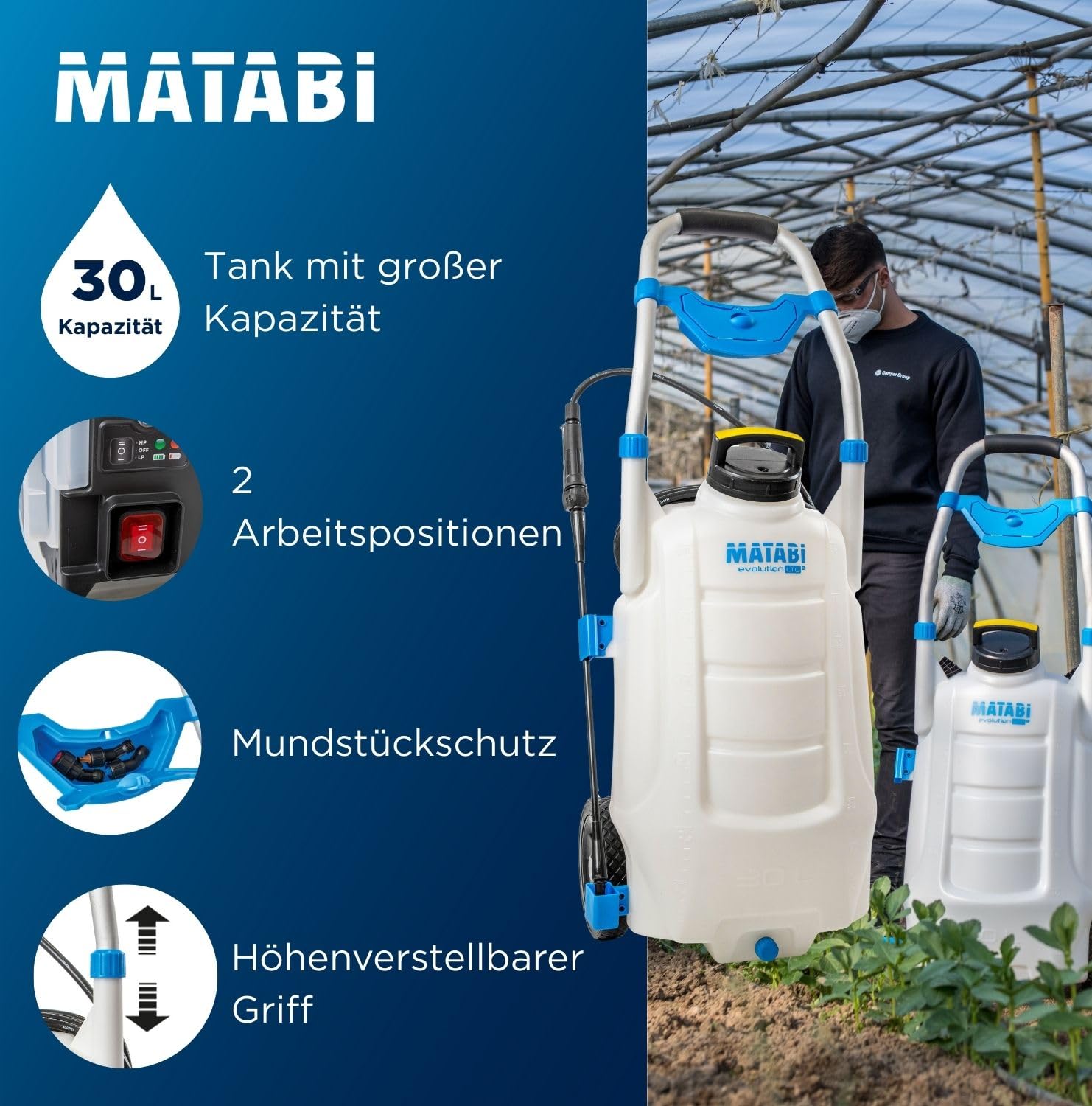 Matabi 30LTCS Elektro-Drucksprüher - 30 l Wagen - 18V Akku | Elektronische Steuerung - 4 Düsen - 8 m Schlauch - Bis 150 l Autonomie - Edelstahlgriff und Räder