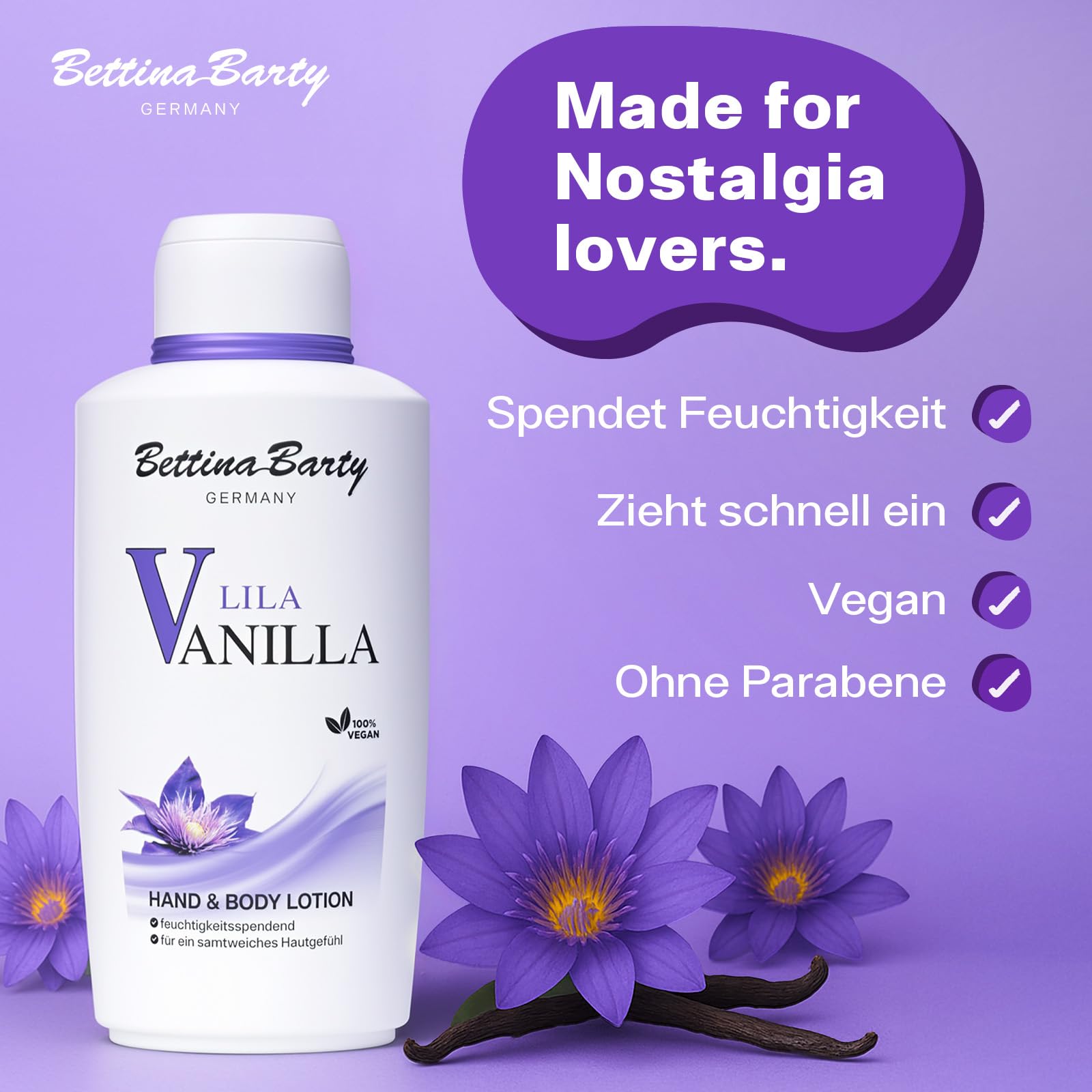 Bettina Barty Lila Vanilla Hand & Body Lotion 12 x 500 ml – Feuchtigkeitspflege mit pudrig-blumigem Vanilleduft für Haut & Hände – Mit schnell einziehender Formel