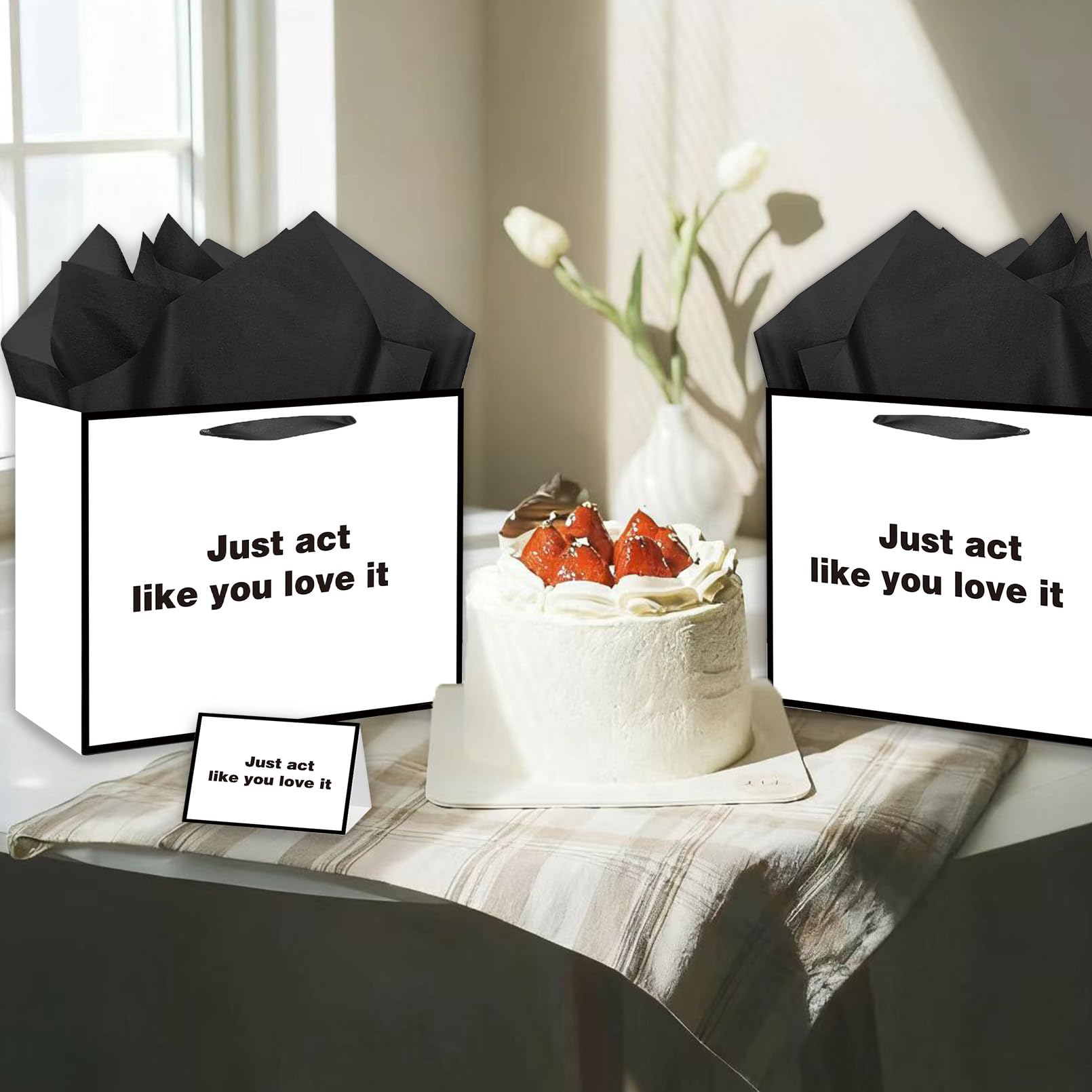Anyangzhao White Funny Gift Bag, Large Just Act Like You Love It Gag Gift Bag with Card and Tissue Paper, Snarky Funny Birthday Party Decorations for Men, Women, Best Friends, Offices, Coworkers