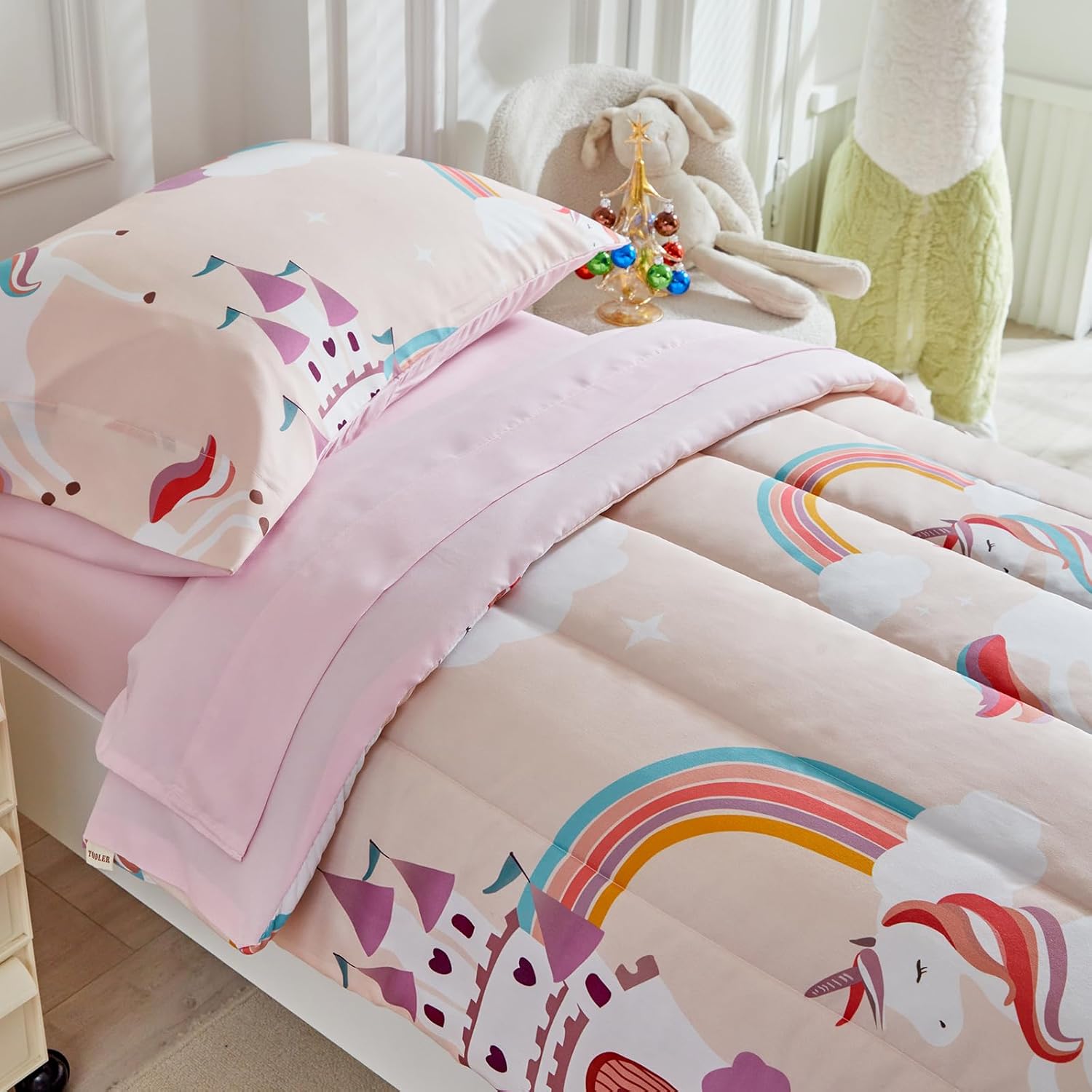 4 Pieces Toddler Bedding Set for Girls Light Pink Unicorn Toddler Bed Set - Soft Castle Rainbow Cute Princess Baby Bed in a Bag - 1 Comforter Set 1 Fitted Sheet 1 Flat Sheet 1 Pillowcase