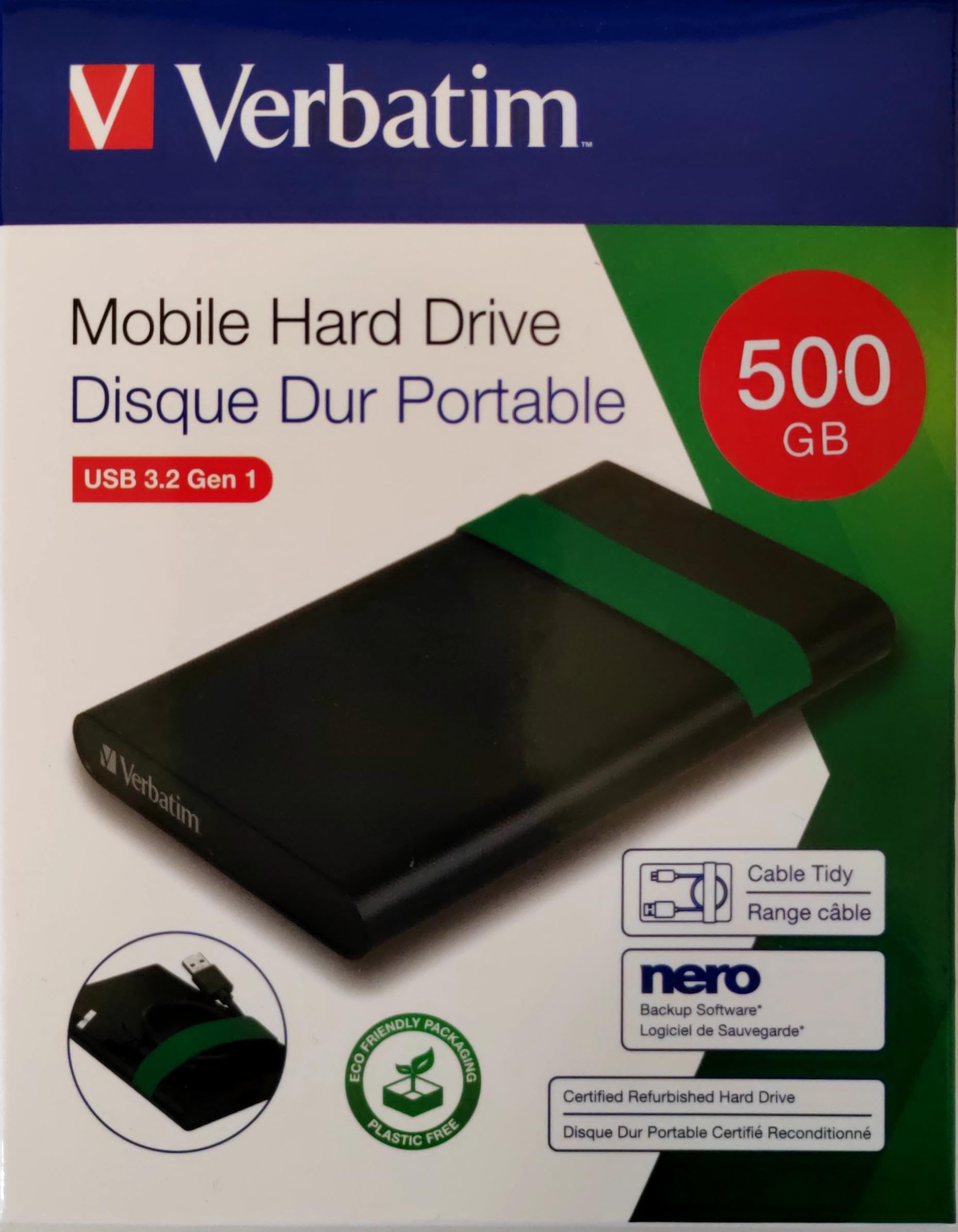 Verbatim Disco Certificado REFURBISHED Duro portátil Externo USB 3.2 Gen 1-500 GB HDD 2.5'', Plug&Play