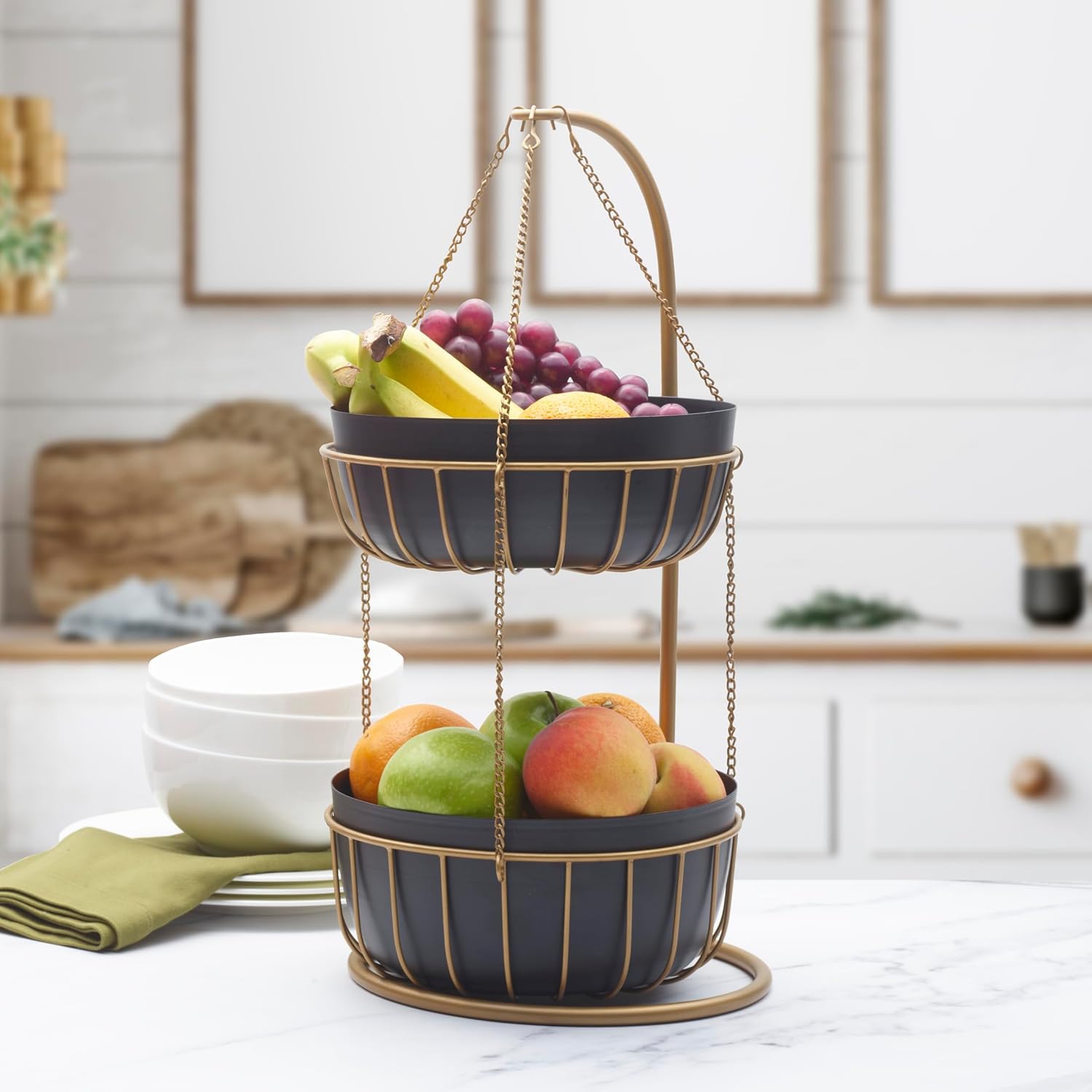 Gourmet Basics by Mikasa Aztec Gold Finish 2-Tier Metal Fruit and Vegetable Storage Basket – Kitchen Countertop Organization and Display Rack