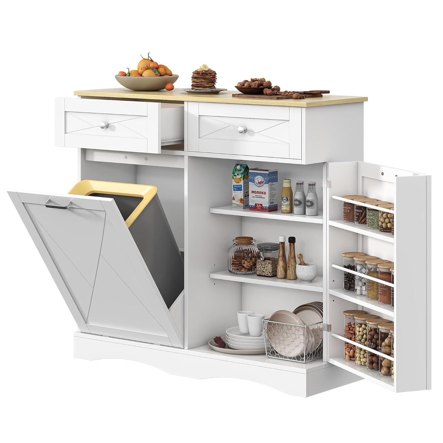 kepptory Tilt Out Trash Can Cabinet 12 Gallon, Pull Out Trash Can Storage Cabinet with 2 Drawers & Countertop, White Kitchen Cabinet with Adjustable Shelf, for Kitchen Pantry, Modern Farmhouse