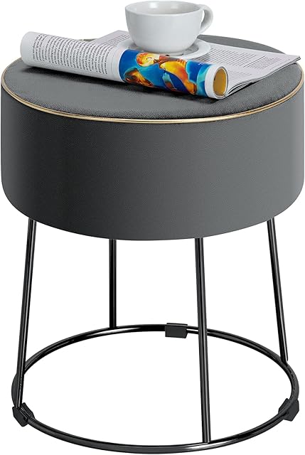 Multigot Upholstered Footstool, Round Ottoman with Metal Base and Anti-Slip Pad, Dressing Stool Seat for Hallway, Bedroom and Living Room