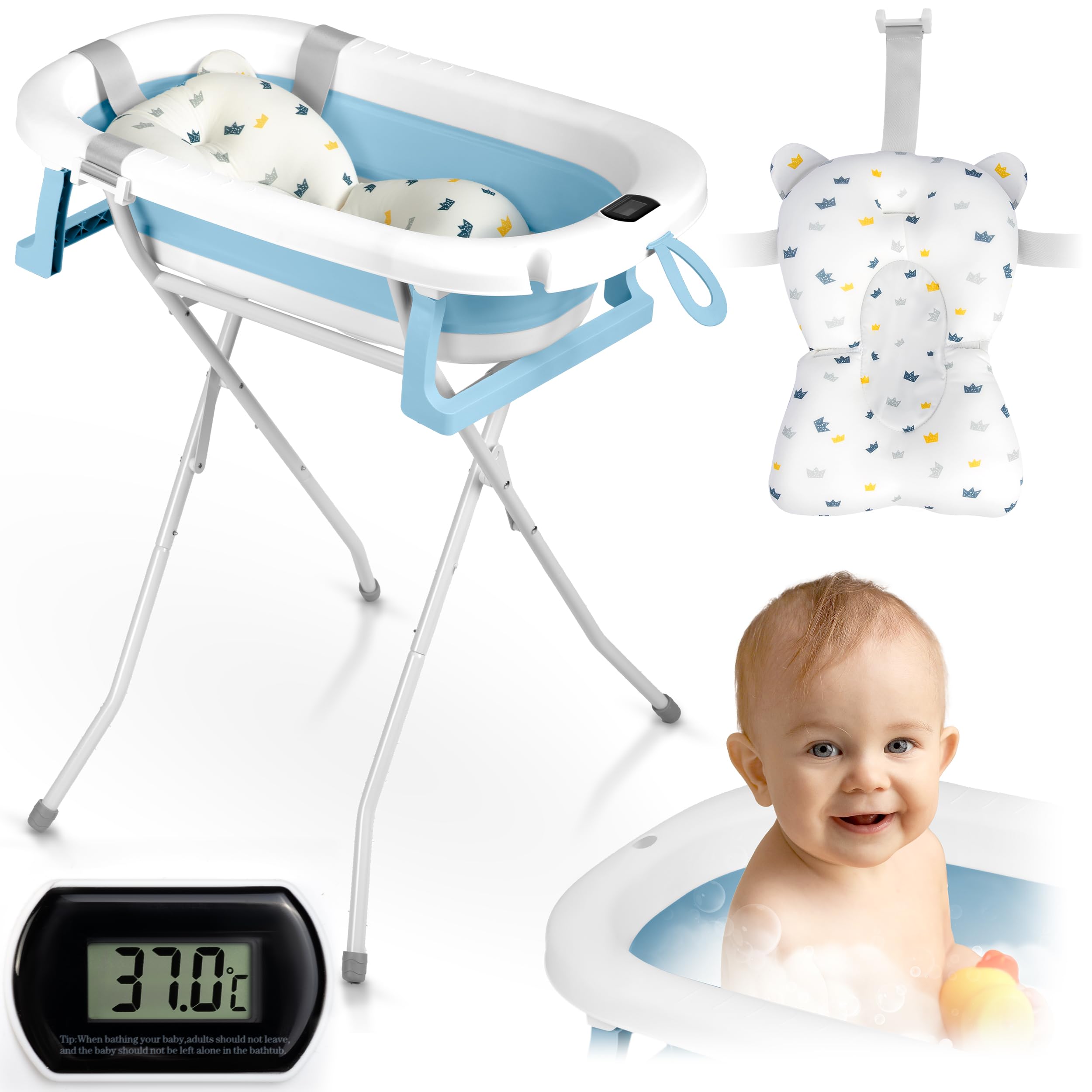 Ricokids Baby Bath with Frame, Thermometer and Bath Pillow, Foldable, Lightweight, Non-Slip, White/Blue