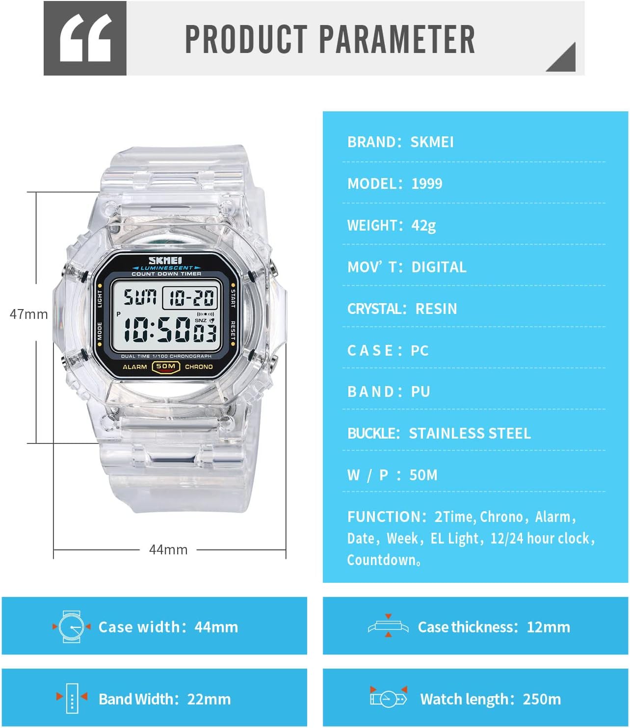 Gosasa Women's Men Youth Square Full Transparent Digital Watch Chronograph Countdown Dual Time Waterproof Watch A White image 8 of 8 B09BND4Y7L