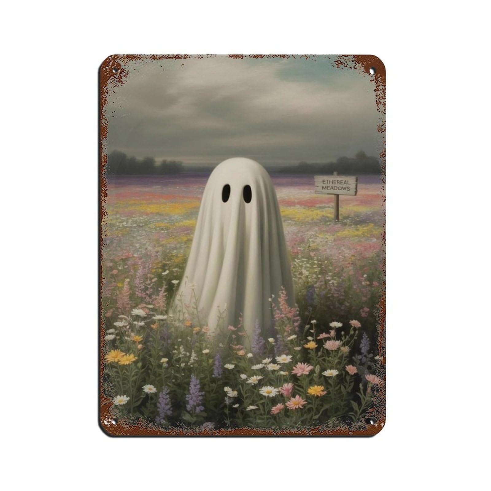Ghost in The Wildflower Poster, Spooky Art Tin Sign Vintage Metal Pub Club Cafe Bar Home Wall Art Decoration Poster Retro 12x16inch(30x40cm)
