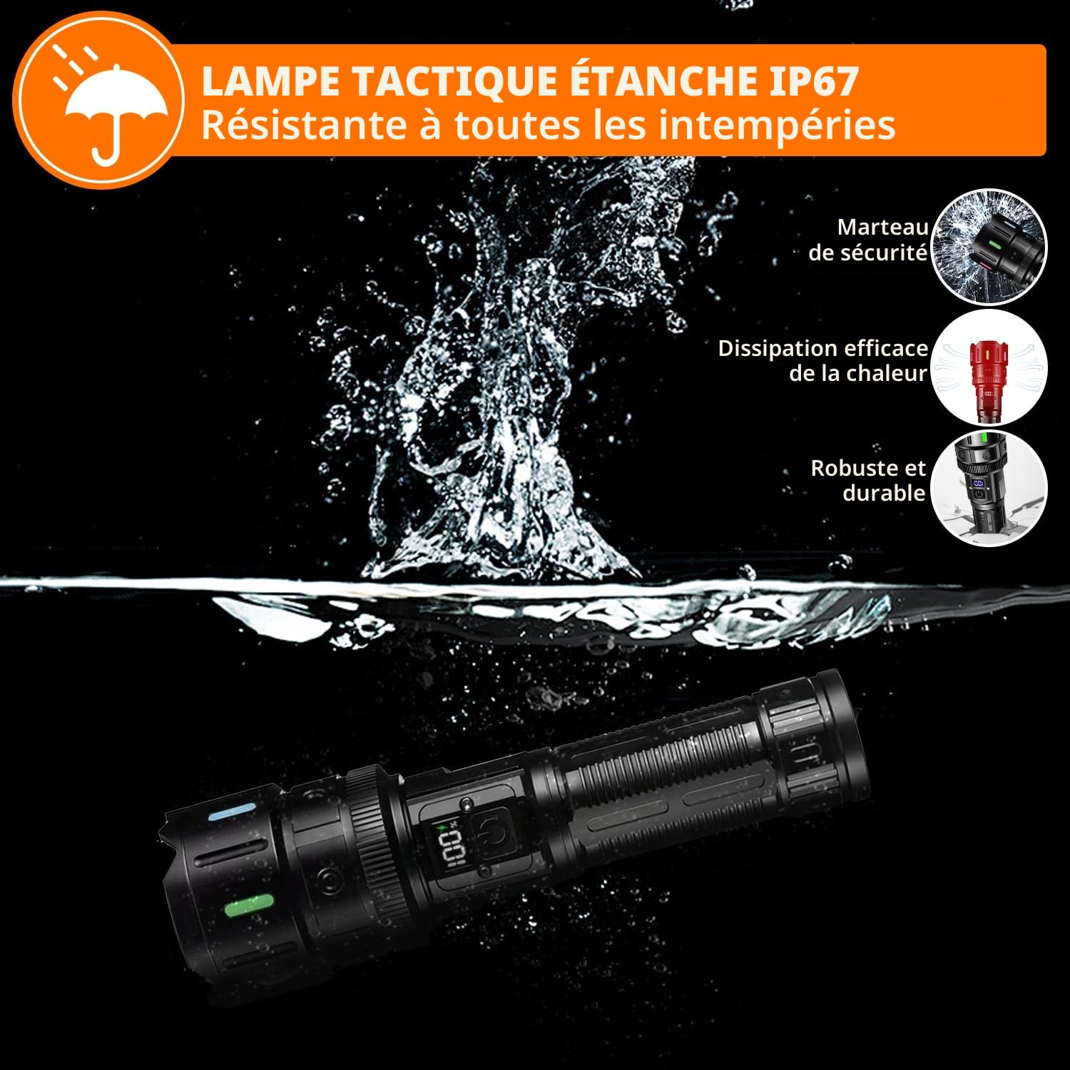 Lampe Torche LED Ultra Puissante, 1200000 Lumen Lampe de Poche Rechargeable avec Batterie 5000mAh,Lampe Torche Puissante de Zoomable 5 Modes, IP67 Étanche Torche Tactique pour Camping Randonnée Pêche
