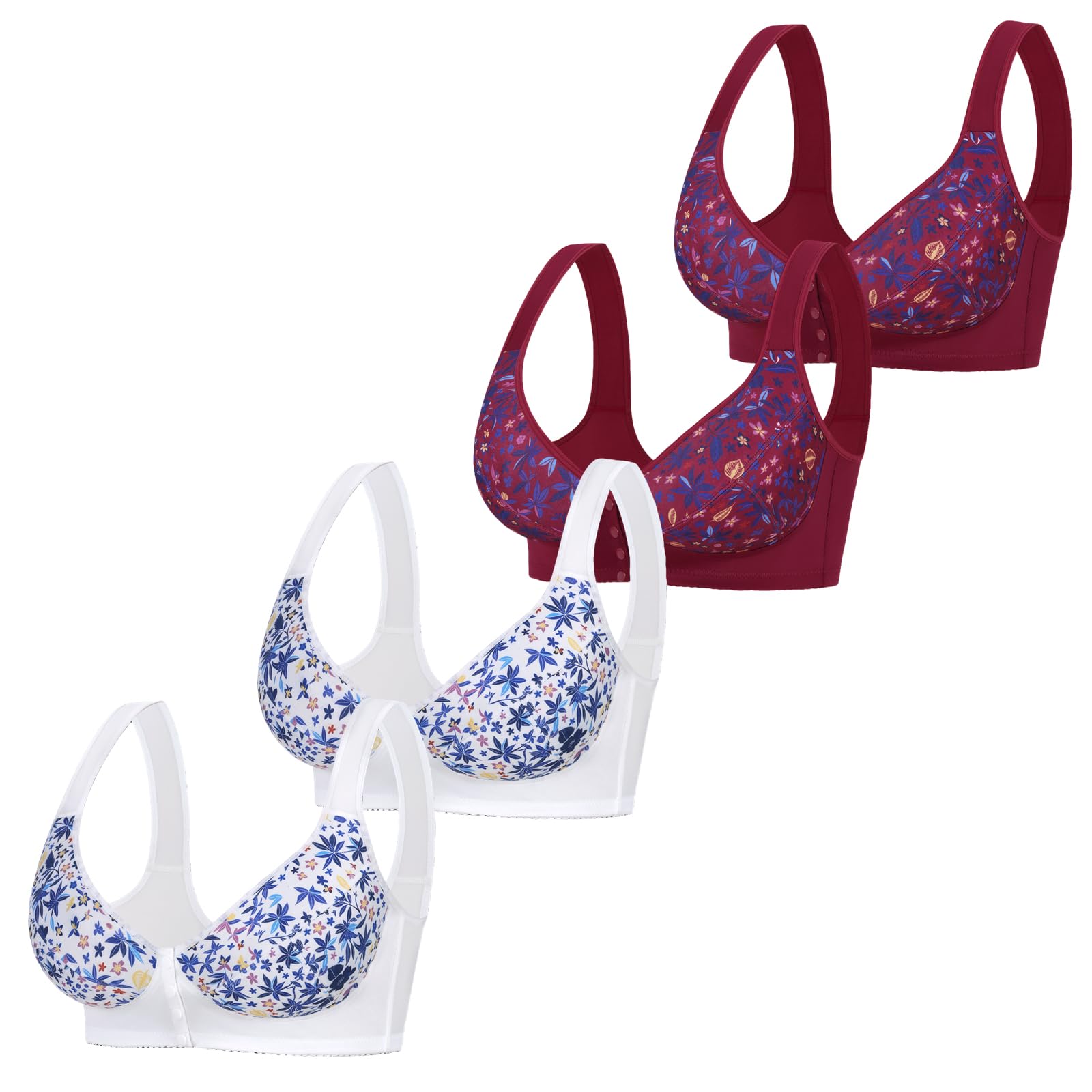 Sujetadores Broche Delantero Mujer Pack De 4 Sujetador Cierre Delantero Sin Aros Talla Grande Espalda Ancha Sujetadores Sin Aros Comodos Estampado Floral Uso Diario