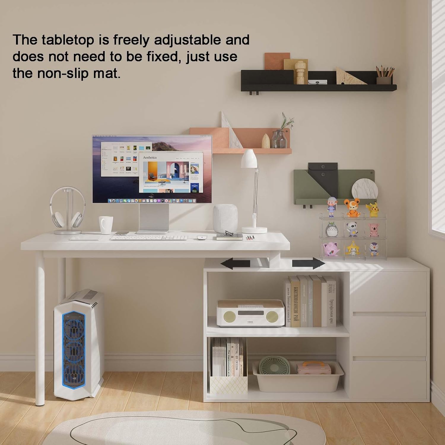 Adjustable tabletop feature with non-slip mat