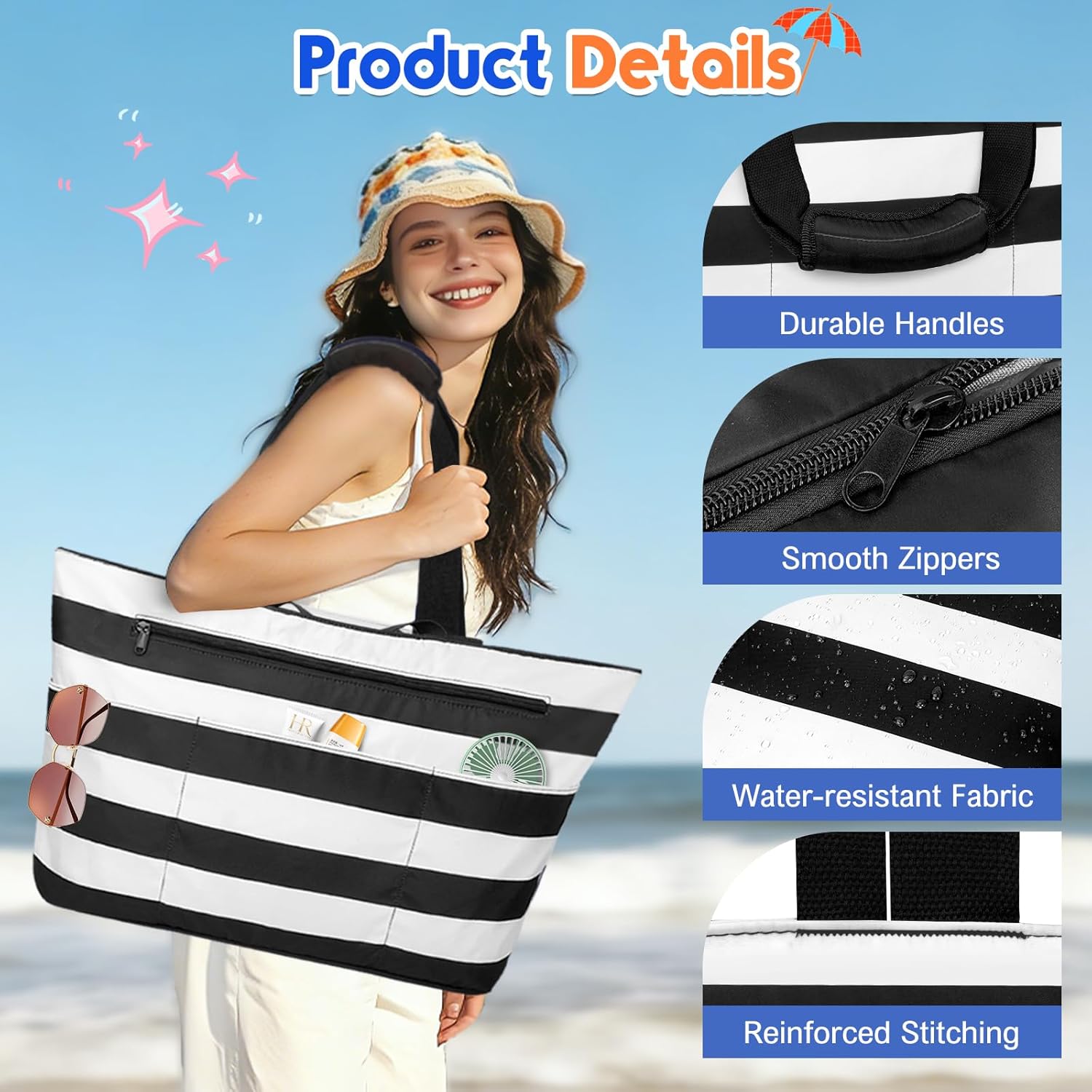 BKNOOU Extra Large Beach Bags Waterproof Sandproof XL Beach Tote Bag for Women Zipper Foldable Swim Pool Bag with Wet Pocket