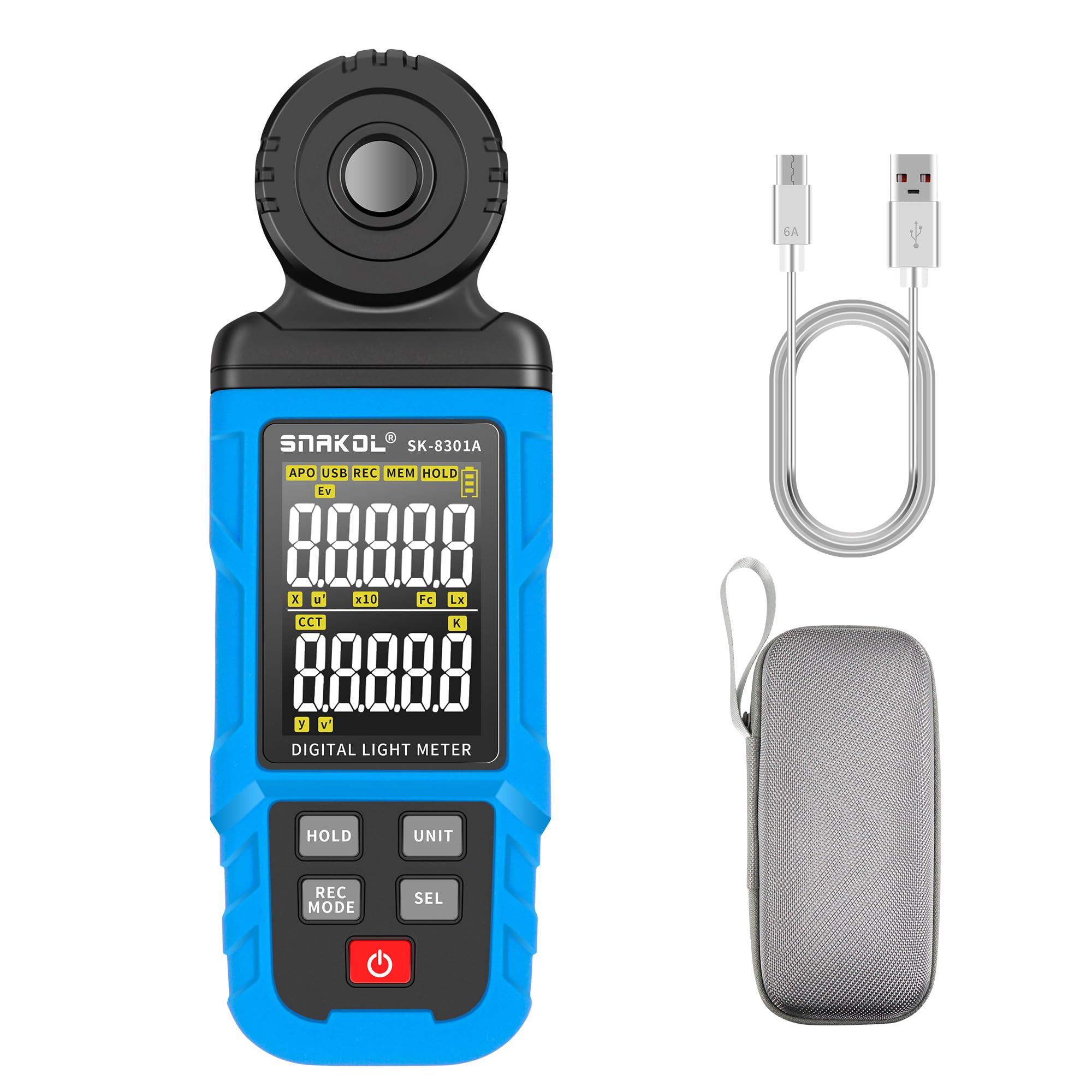Medidor de iluminancia espectral, medidor digital de lujo de alta precisión Medidor de temperatura ambiente de mano, rango de hasta 300,000 Lux, Luxmeter con pantalla LCD a color de 4 dígitos