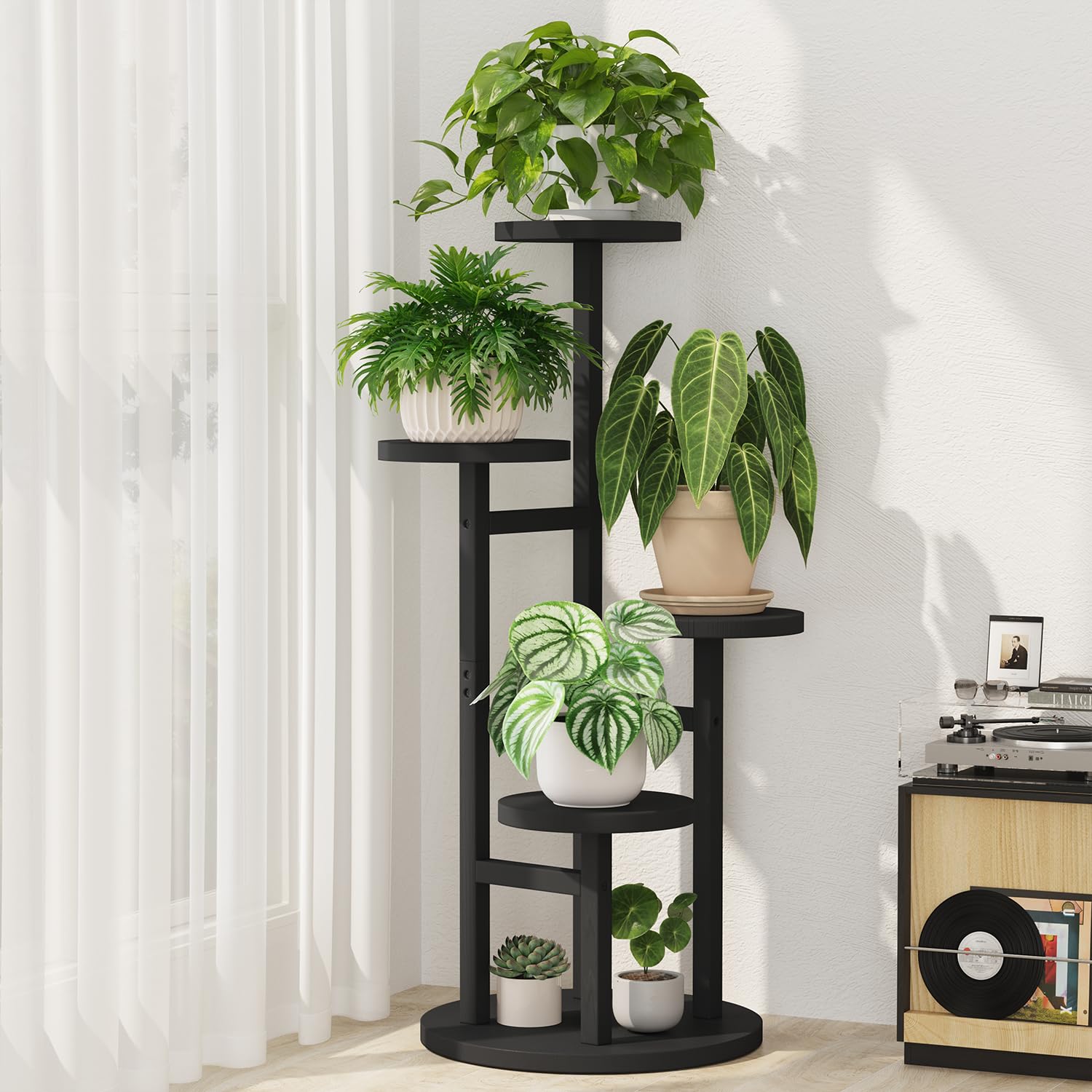 iDavosic.ly 4 Tier Wood Plant Stand Indoor Outdoor Corner Tall Shelf, Black