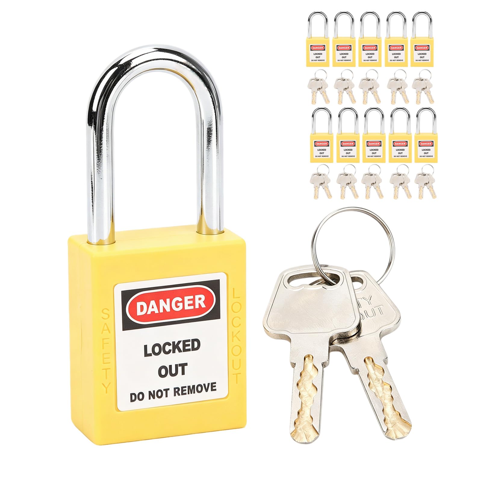 Juego de 10 candados de bloqueo y etiquetado, candados Loto Locks de 38 mm con llave, candados de seguridad para maquinaria eléctrica industrial. (Amarilla)