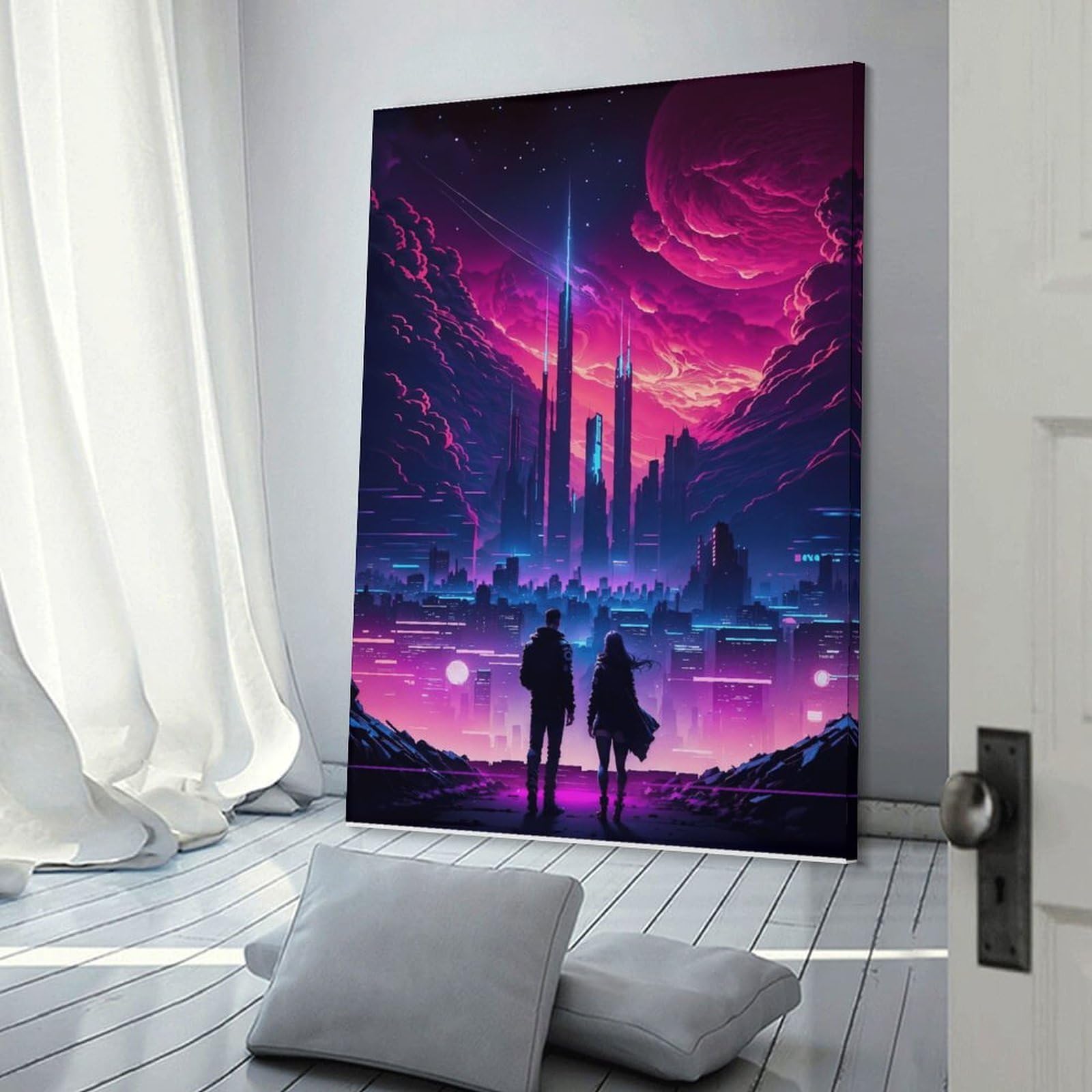 Junmoney Frame-Style-3 Canvas Art Print Neon Cityscape Cyberpunk Dreamscape, 20X30inch(50X75cm), For Office, Study Or Home Workspace, Wall Art That Adds Style To Work Areas