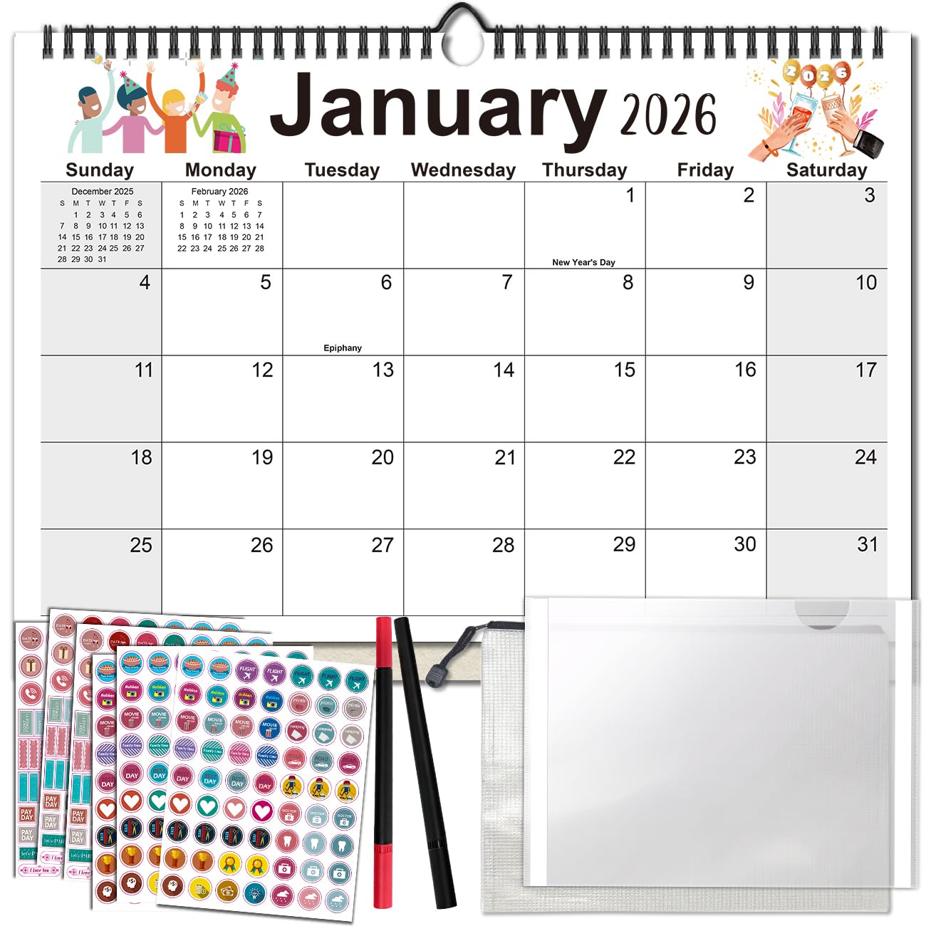 18 Months Calendar 2026-2027 Academic Wall Calendars Family Calendrier Planner 17"x 11.5" from Jan. 2026 to June. 2027 Including 6 Sheet Stickers, 2 Tools Bags for Home School Office Organizing