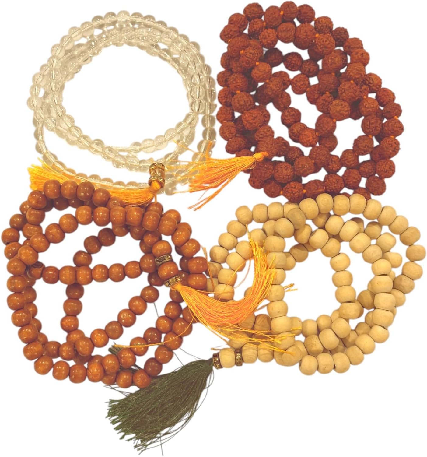 Moira Beads Japa Mala -Vaijayanti, White wood, Black Stone and Rudraksha Mala Unisex Combo of 4