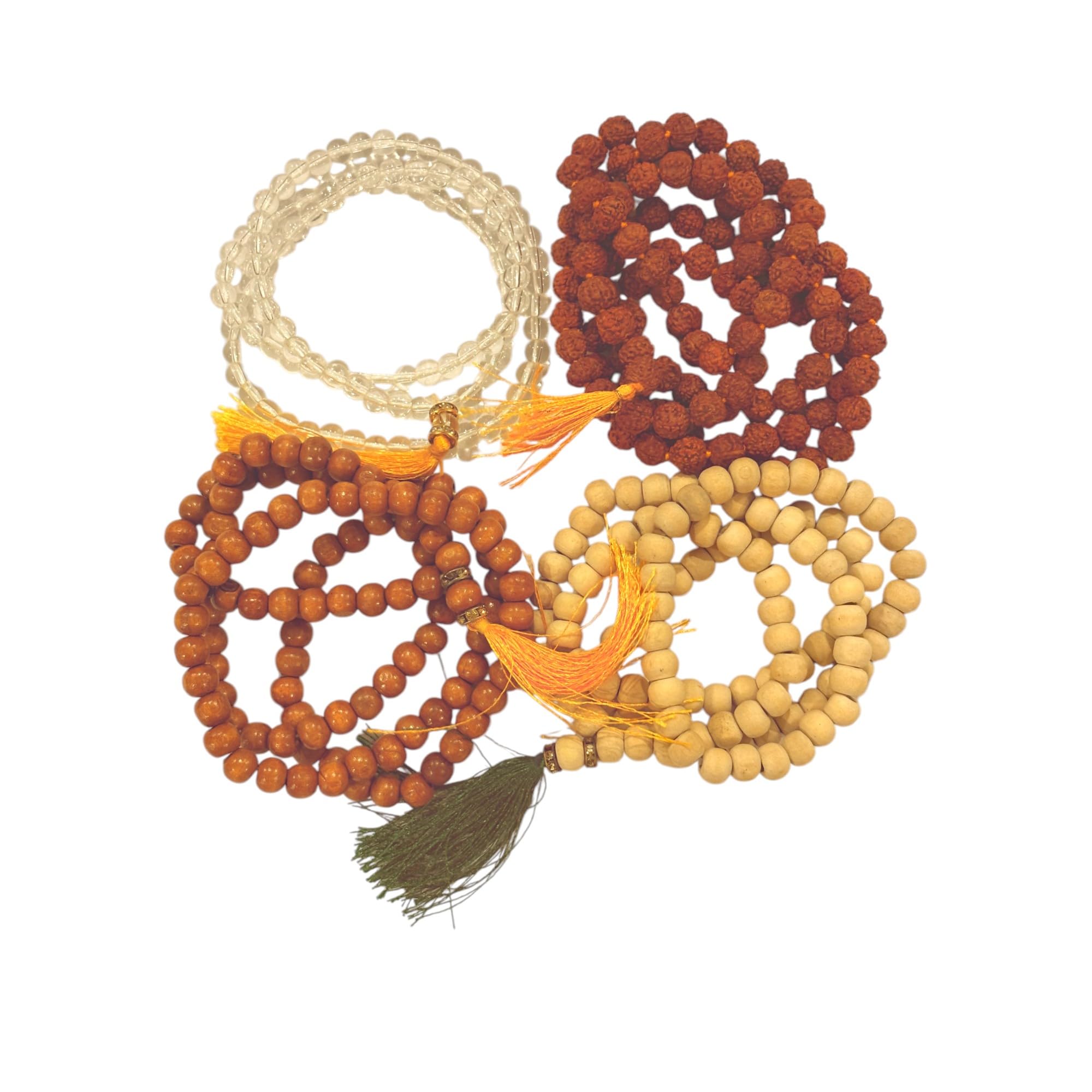 Moira Beads Japa Mala -Vaijayanti, White wood, Black Stone and Rudraksha Mala Unisex Combo of 4