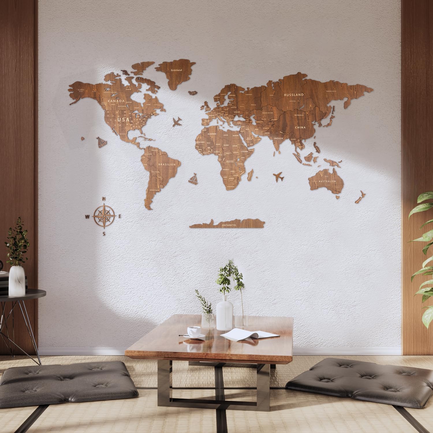 Creawoo Deutsche Holz Weltkarte Wand, handgefertigte Wanddekoration aus Walnussholz Weltkarte, Wandkunst Wanddekoration für Haus & Büro, 150 x 85 cm