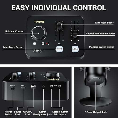 Miniatura 6 de TONOR ASMR - Paquete de equipos de micrófono con interfaz de audio, audio estéreo 3D inmersivo, micrófonos de condensador dual con mezclador de