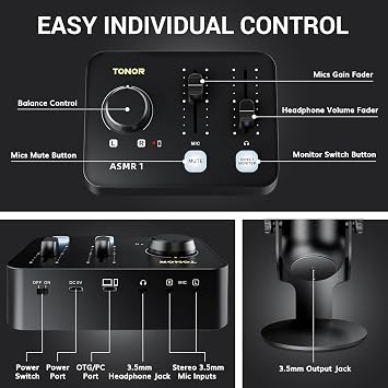 TONOR ASMR Microphone Equipment Bundle with Audio Interface, Immersive 3D Stereo Audio, Dual Condenser Mics with Audio Mixer, Clear Sound, Volume Control, with Furry Windscreens, Set for ASMR, Black