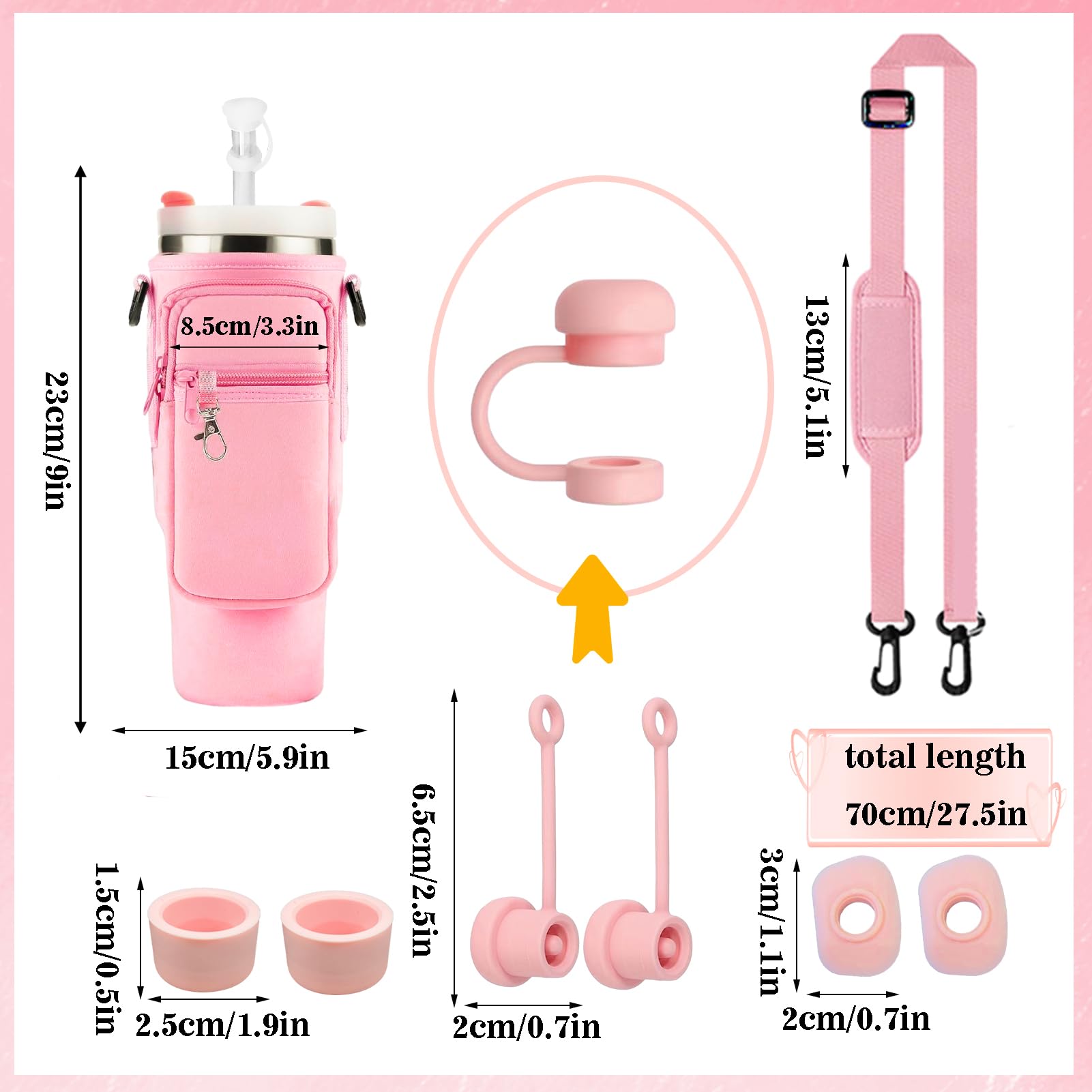 Huahuanghui Borsa porta bottiglie d'acqua per bicchiere,borse a tracolla con porta bottiglia d'acqua,porta borraccia tracolla,con cinghia regolabile con copertura per cannuccia e moschettone (rosa)