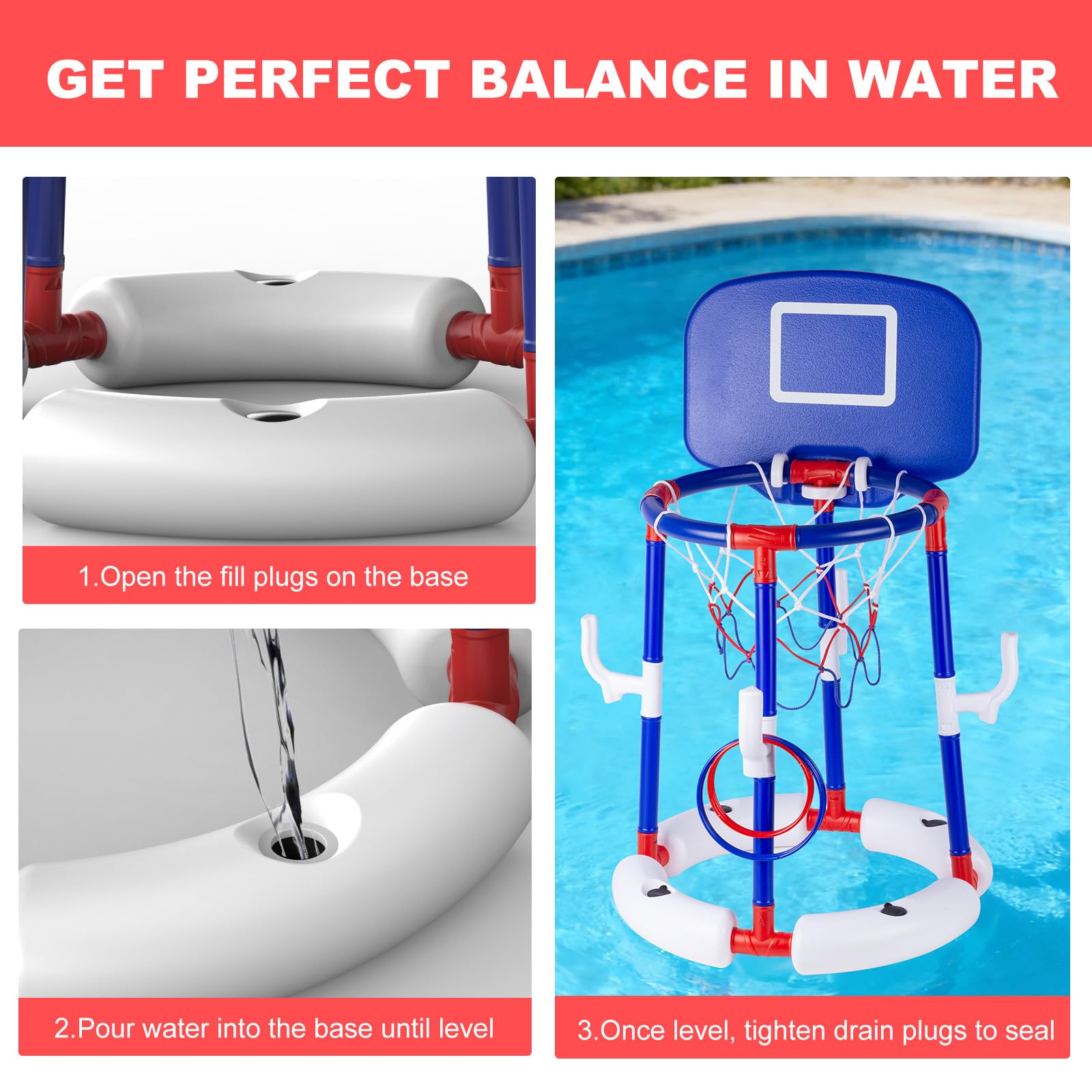 2-in-1 Schwimmender Pool-Basketballkorb-Set, blauer Schwimmbad-Basketballkorb mit Rückwand, stabiler Wasser-Basketballkorb für Pool-Party, Spaß und Outdoor-Familienspiele