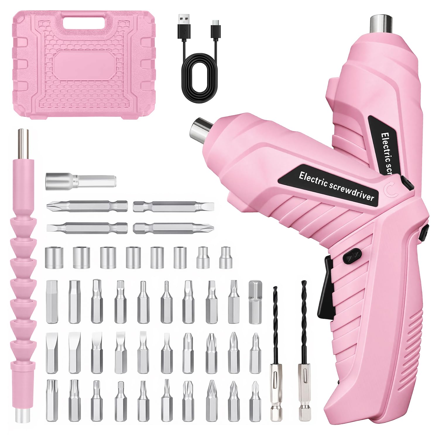 Electric Screwdriver, 48-in-1 Cordless Screwdriver Rechargeable 1300mAh, 46 Drill Bits Screwdriver Set Electric with LED Light, 180°Rotating Handle, Mini Drill Small Screwdriver for Home DIY, Pink