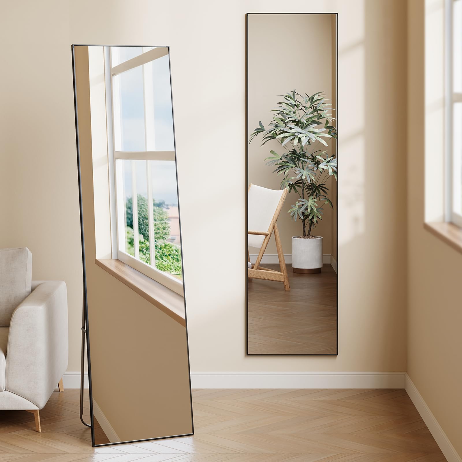 Warmiehomy 150x40cm Black Mirror Full Length Standing Rectangular Full Body Floor Mirror with Stand Hanging or Leaning Against Wall for Bedroom