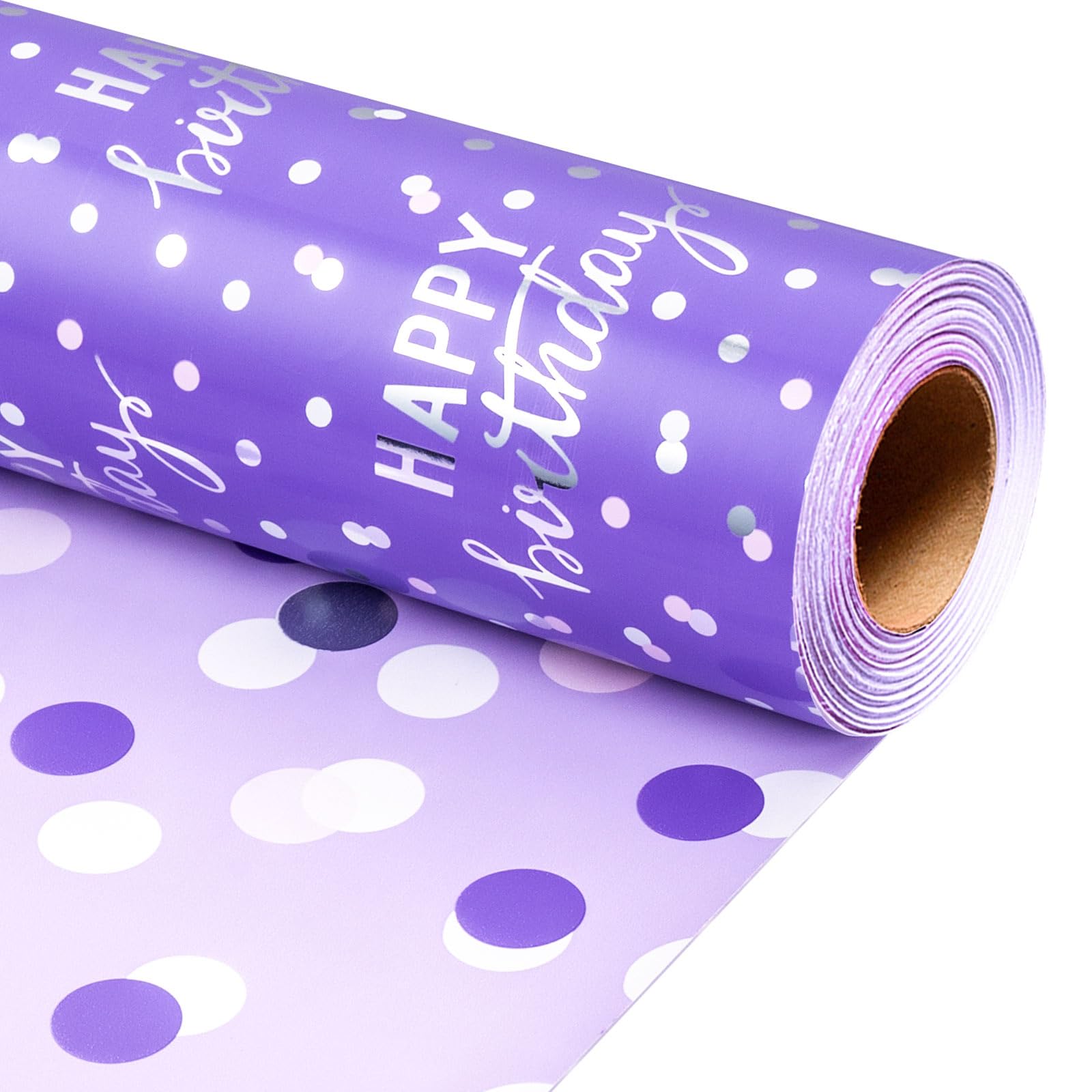 Wikadlik Birthday Wrapping Paper, Luxury Purple Happy Birthday Lettering Cute Dots Gift Wrap Paper Roll for Party Celebration - 43cm x 10m