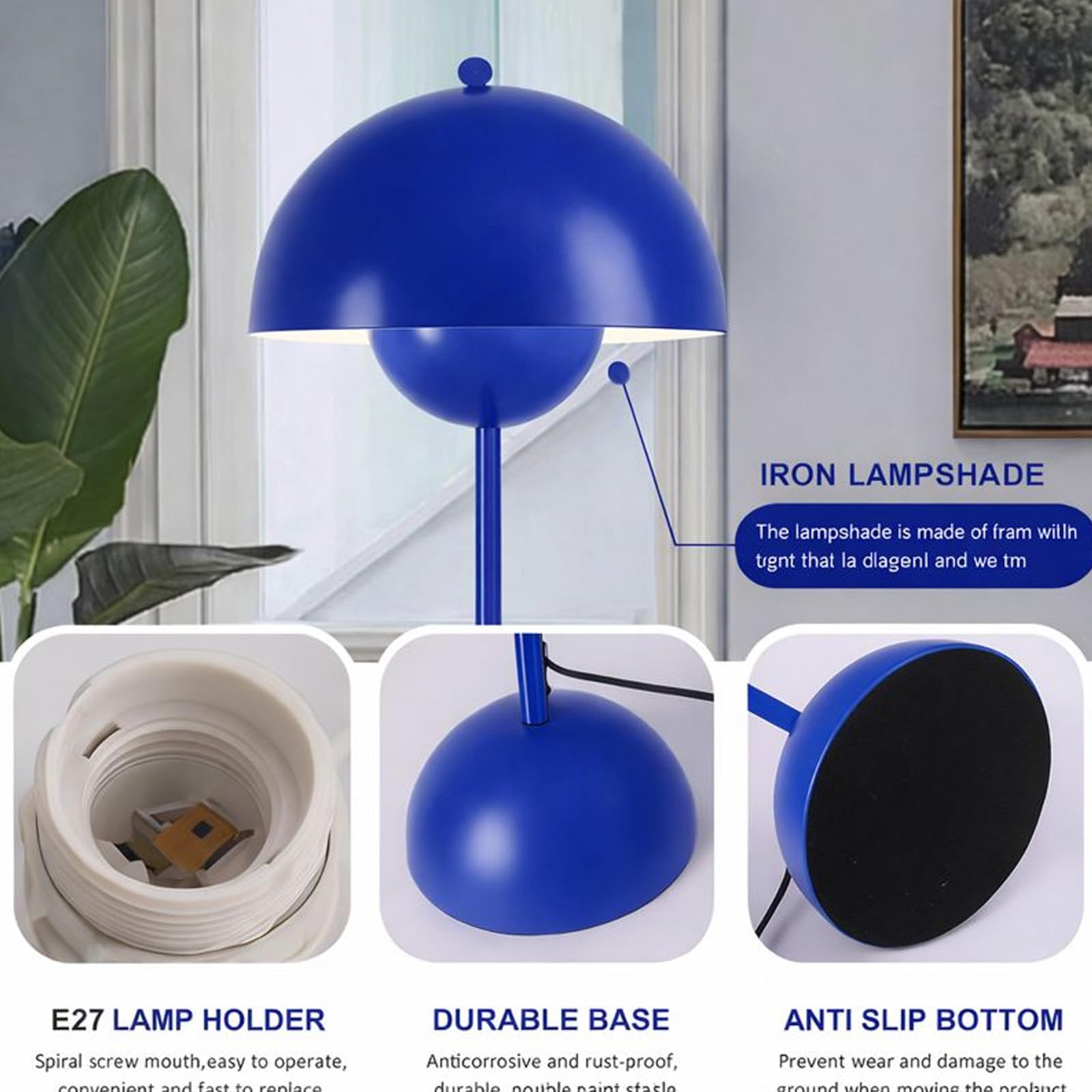 Alpinaluz Lampa stojąca ze stali z kopułowym kloszem – nowoczesny, nordycki i retro – oświetlenie pośrednie – oprawka LED E27 – przełącznik nożny do salonu, sypialni lub jadalni (błękit kobaltowy)
