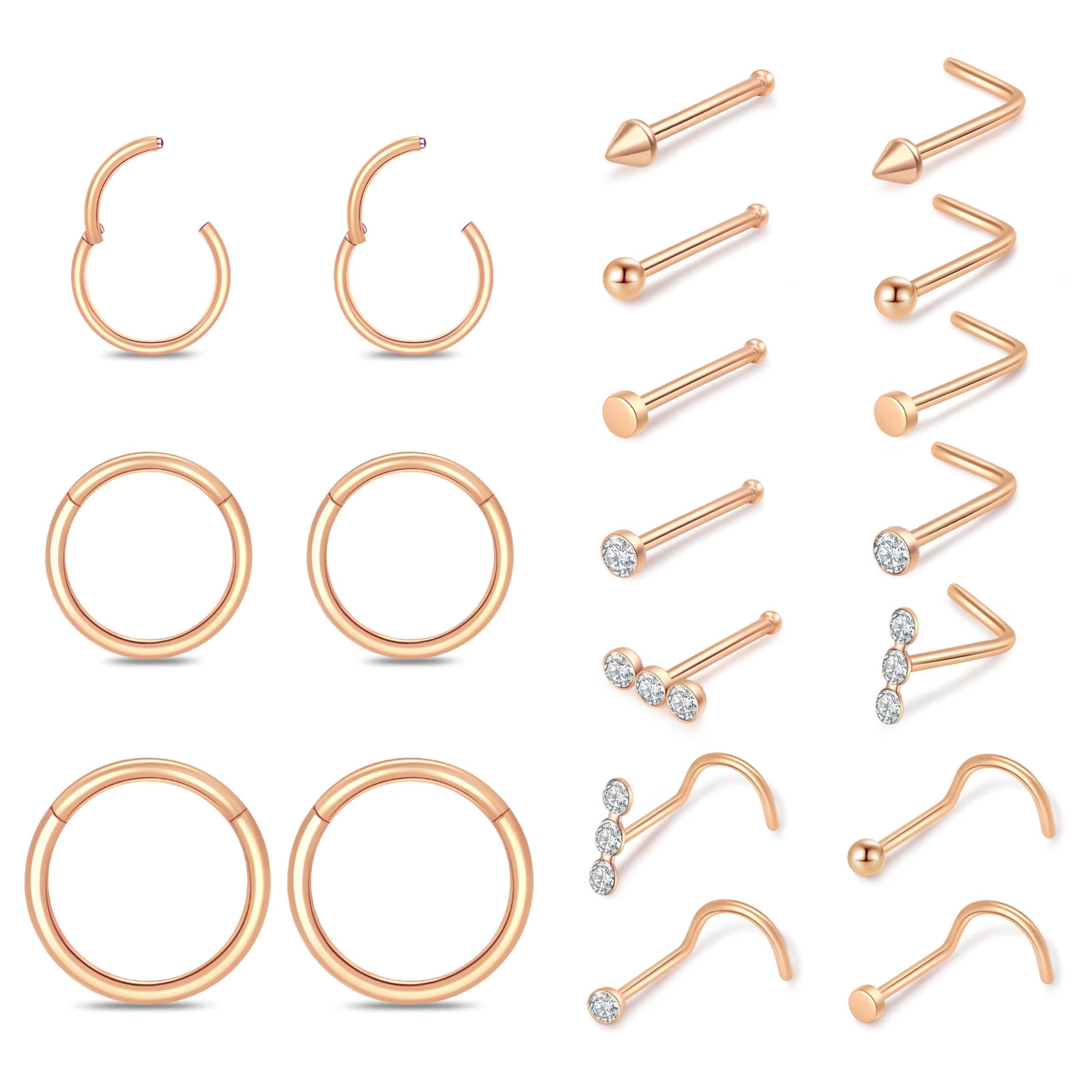 BYARLEO 20pcs Surgical Steel Nose Ring,16G/18G Hypoallergenic Nose Rings Studs Set L Shape Nose Studs Body Piercing Nose Hoop Lip Ear Nose Rings for
