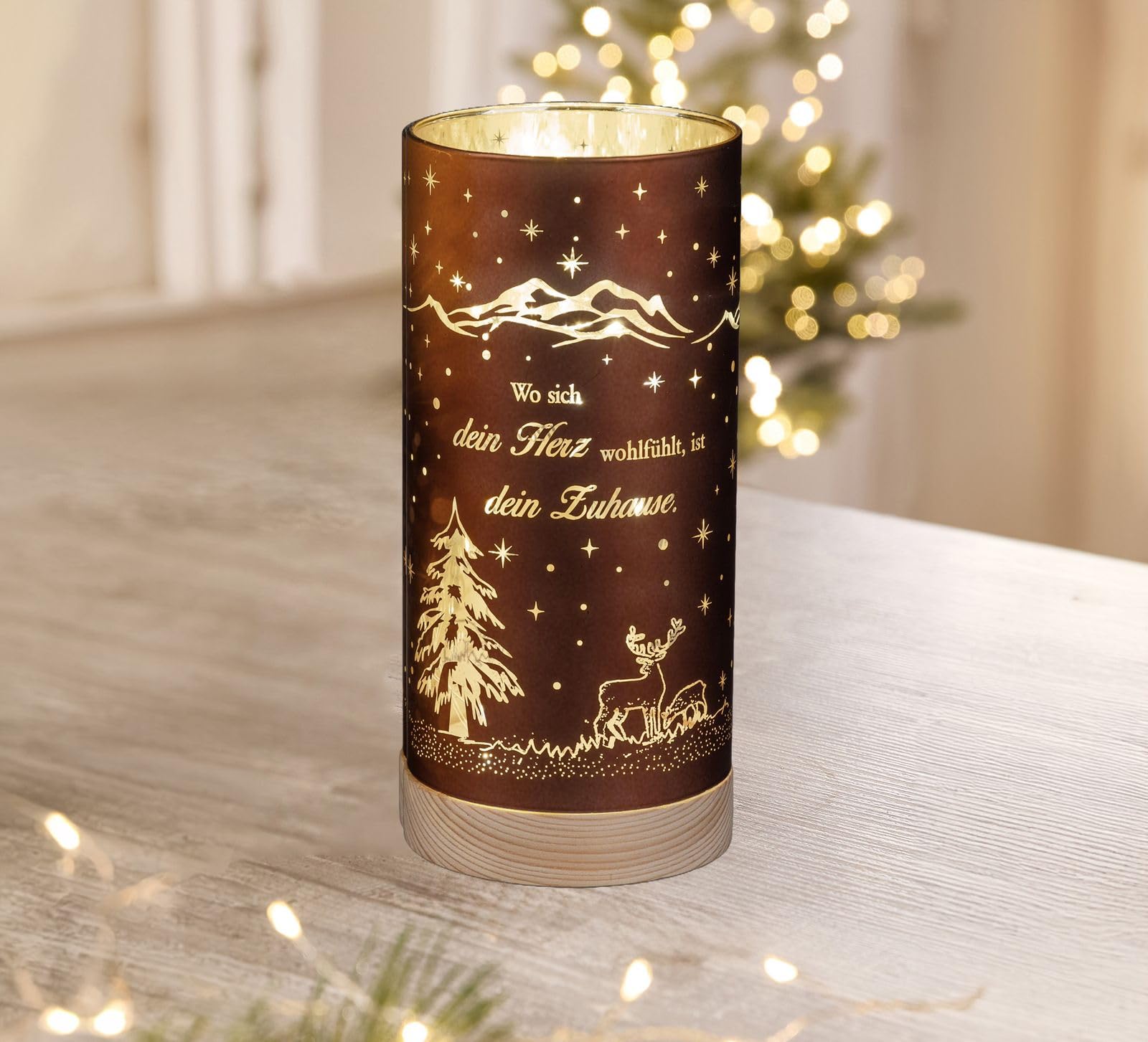 formano Deko-Licht Zylinder 20 cm - LED mit Timer 'Zuhause ist es am Schönsten' - Braun-Gold Farbglas auf Holzsockel - Wohnzimmer Dekoration Weihnachten Winterdeko
