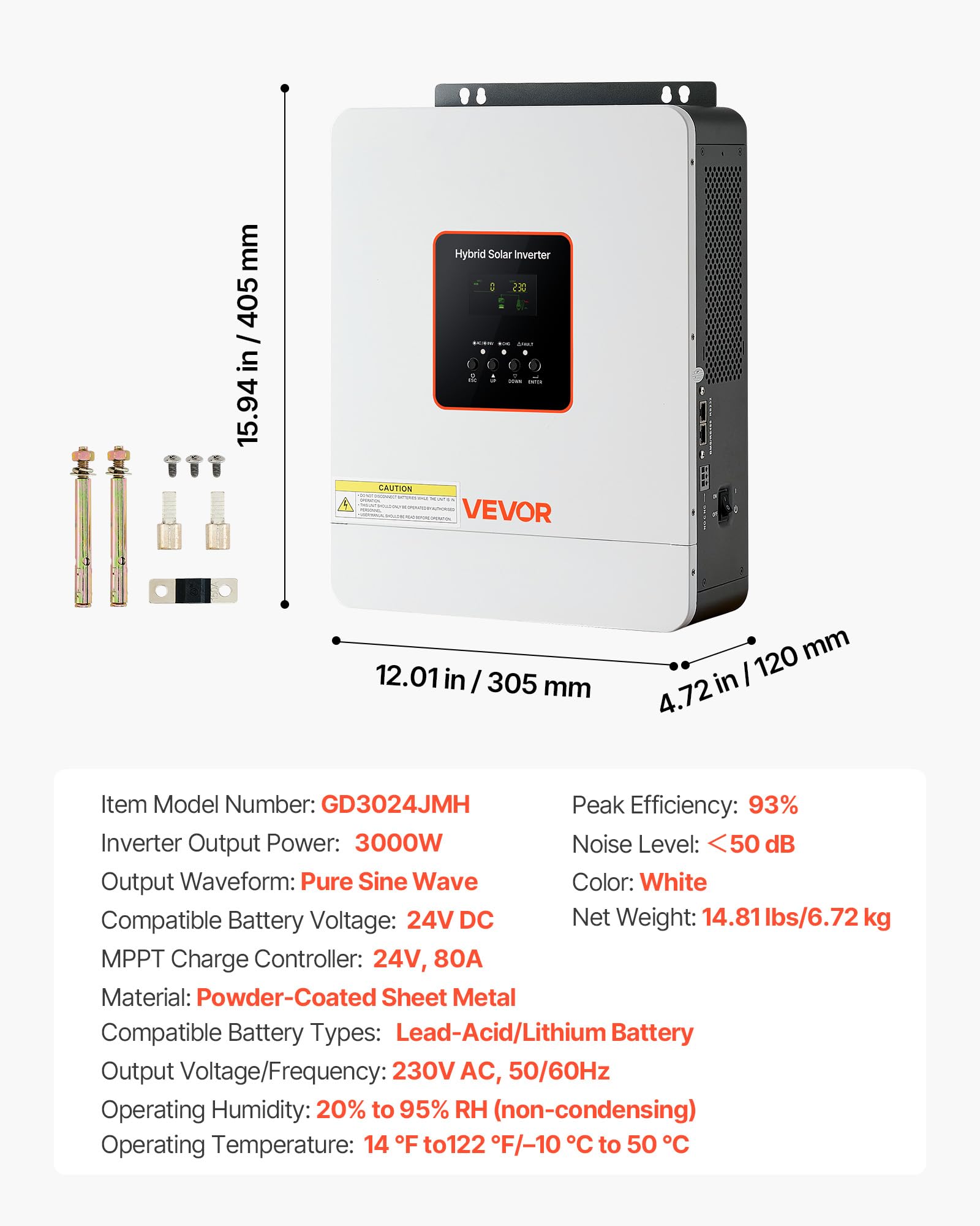VEVOR Inverter Solare Ibrido Off-grid 3000 W 24 V CC a 230 V CA, Inverter e Caricabatteria Onda Sinusoidale Pura, Regolatore Solare MPPT da 80 A Integrato, Compatibile con Batteria al Litio al Piombo