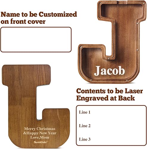 Miniatura 2 de Summidate Alcancía de madera extra grande con nombre personalizado para niños y niñas, alfabetos, letras A-Z, monedas, billetes, cambio de dinero,